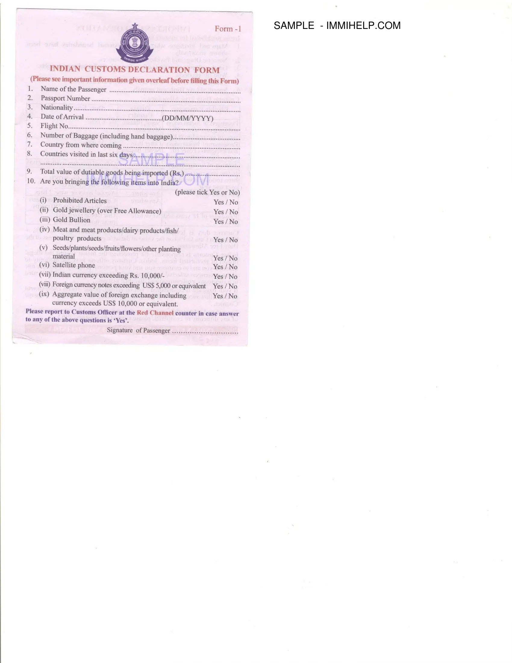 Indian Customs Declaration PDF Form FormsPal