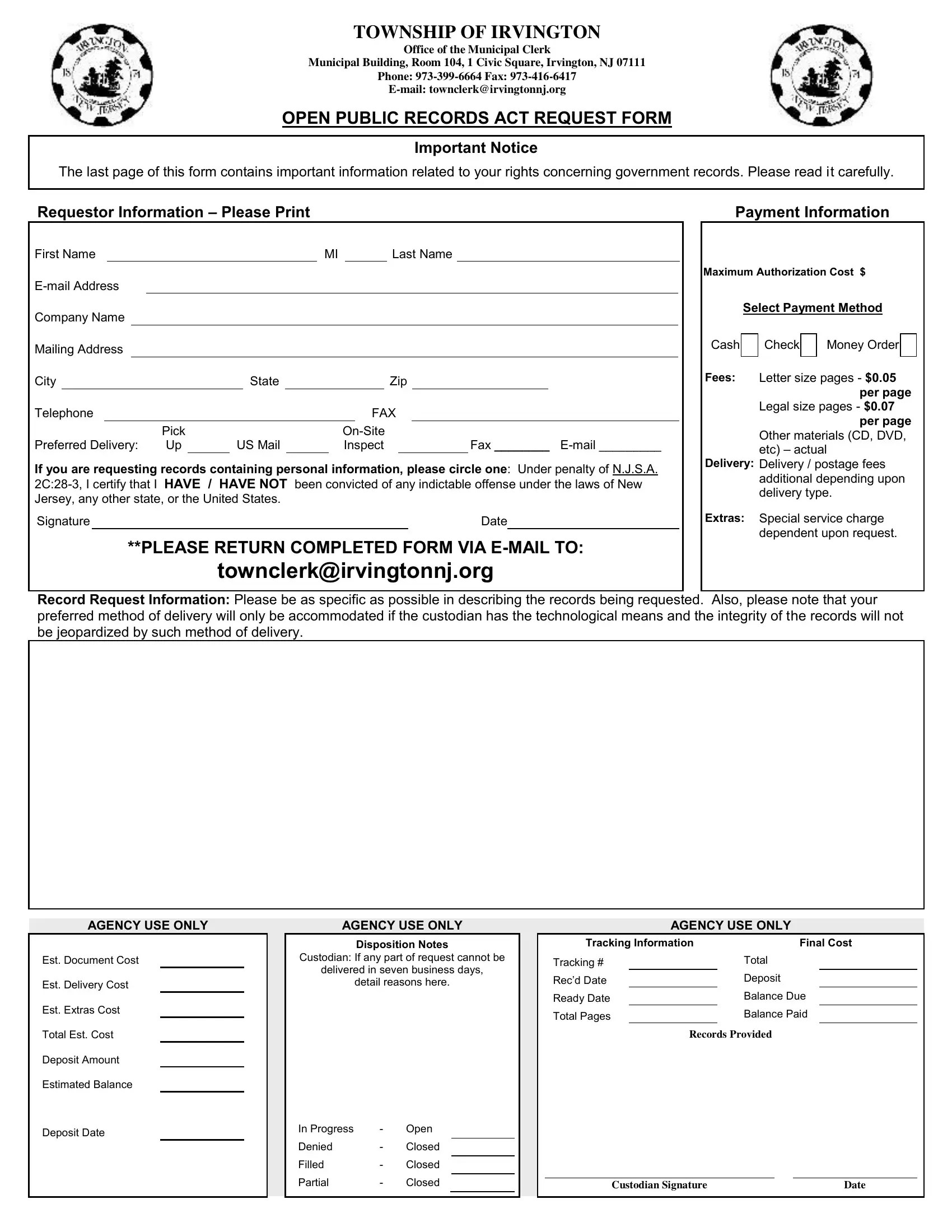 Irvington Open Public Records Act Request PDF Form FormsPal