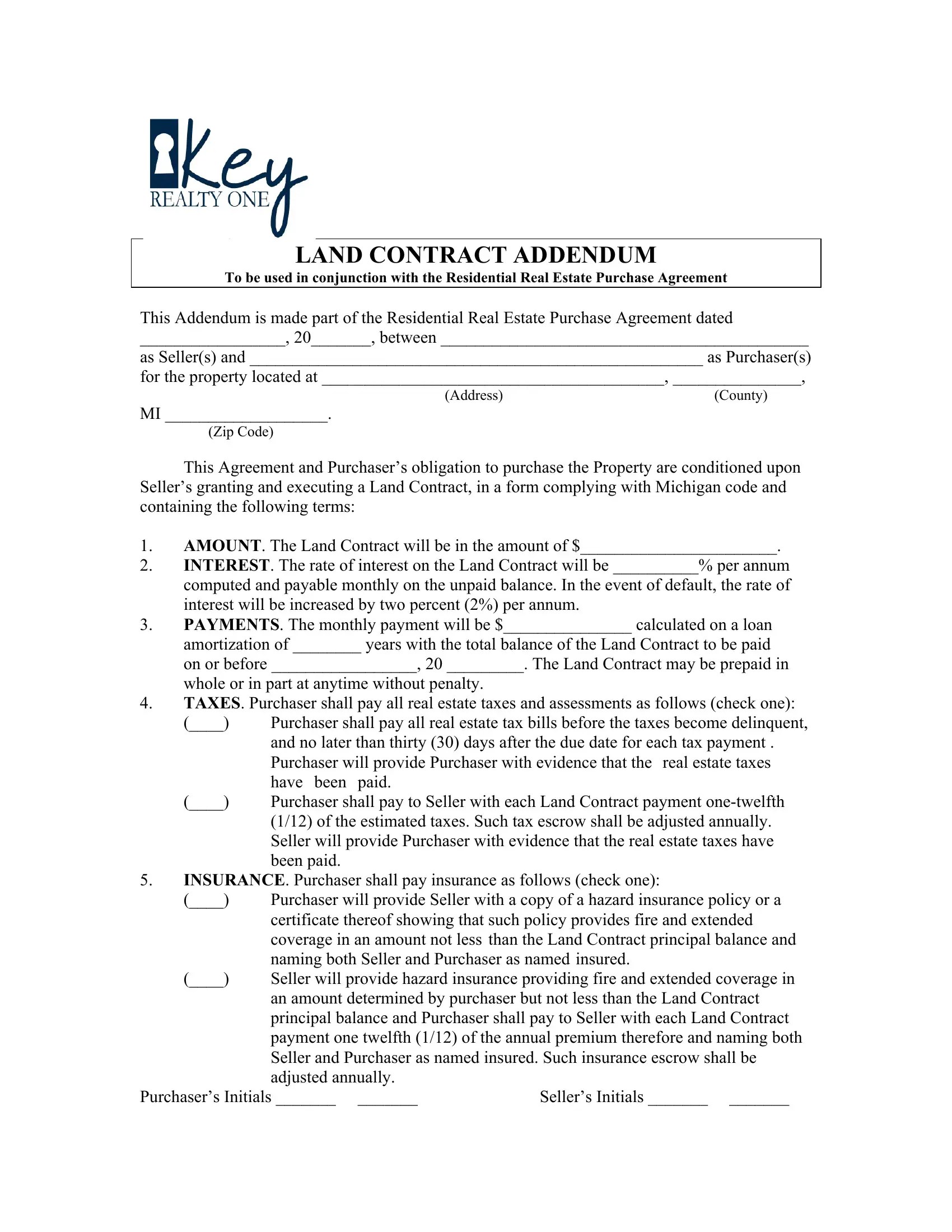 Land Contract Addendum Form ≡ Fill Out Printable PDF Forms Online