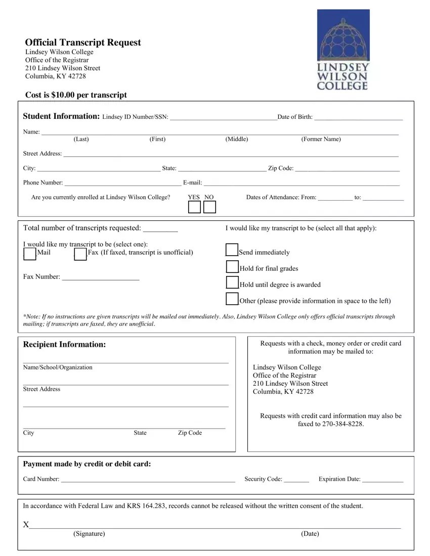 Lindsey Wilson College Transcript Request PDF Form FormsPal