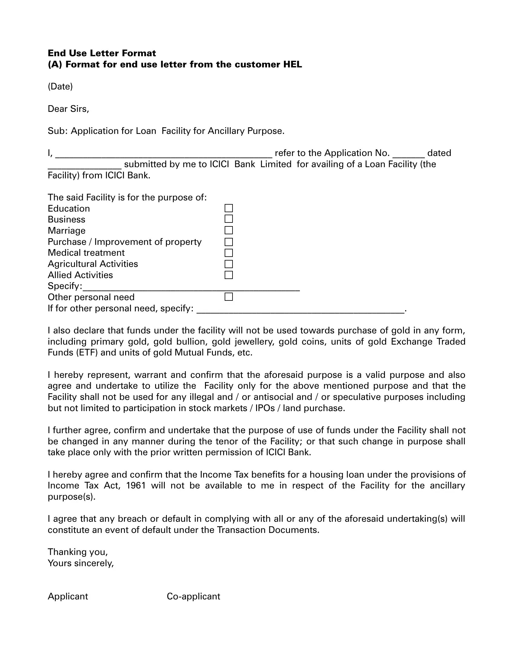 Loan End Use Letter at PDF Form FormsPal