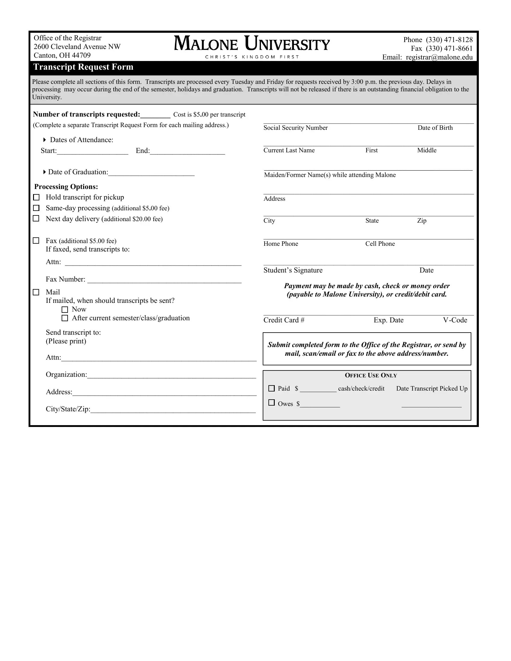 Malone University Transcript Request PDF Form FormsPal