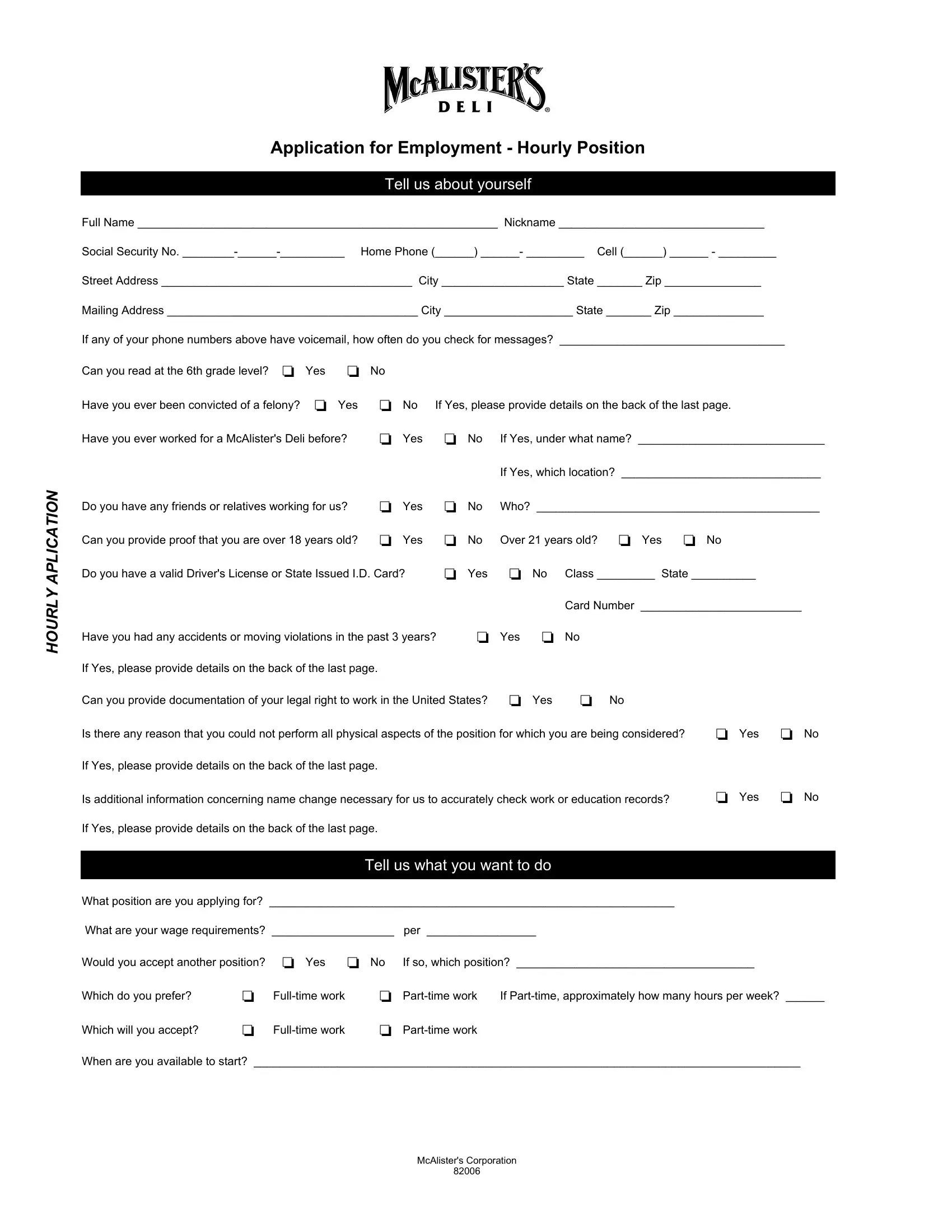 Mcalister's Job Application Form ≡ Fill Out Printable PDF Forms Online