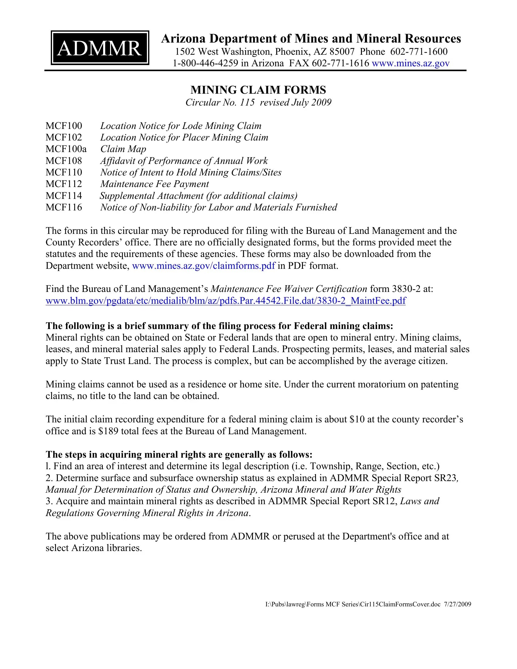 Mining Claim Form ≡ Fill Out Printable PDF Forms Online