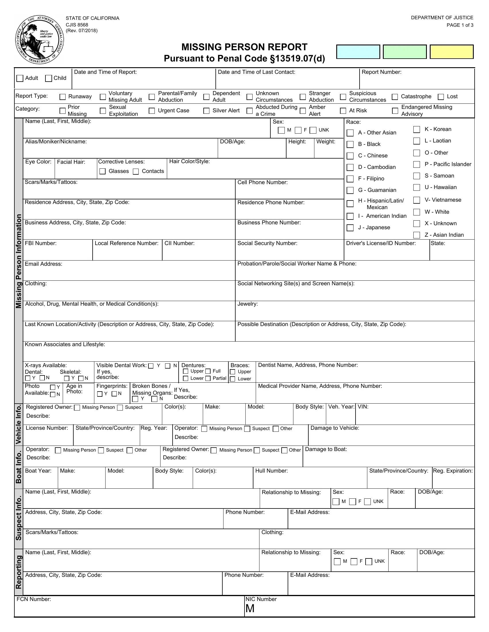 Missing Persons Report Form ≡ Fill Out Printable PDF Forms Online