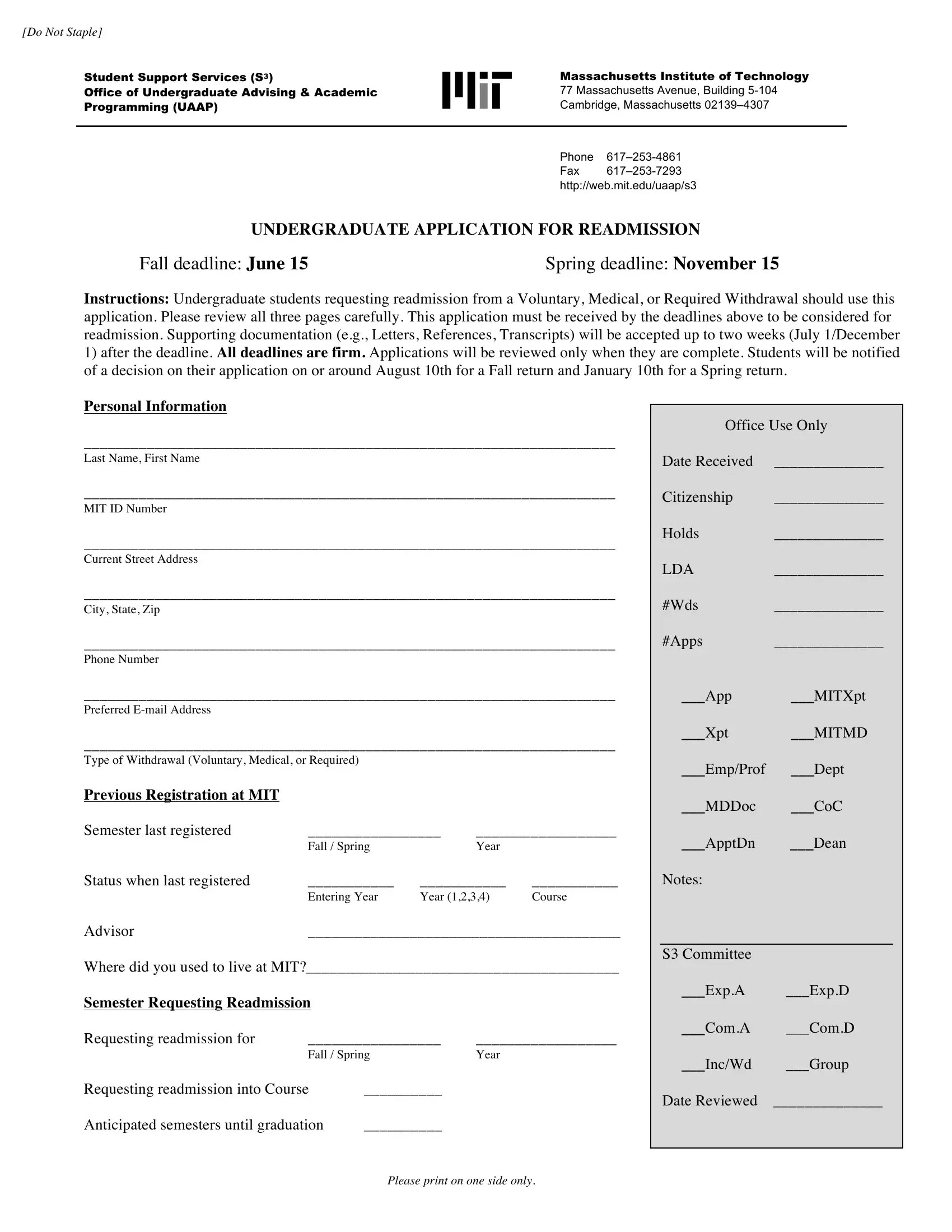 Mit Application For Readmission PDF Form FormsPal