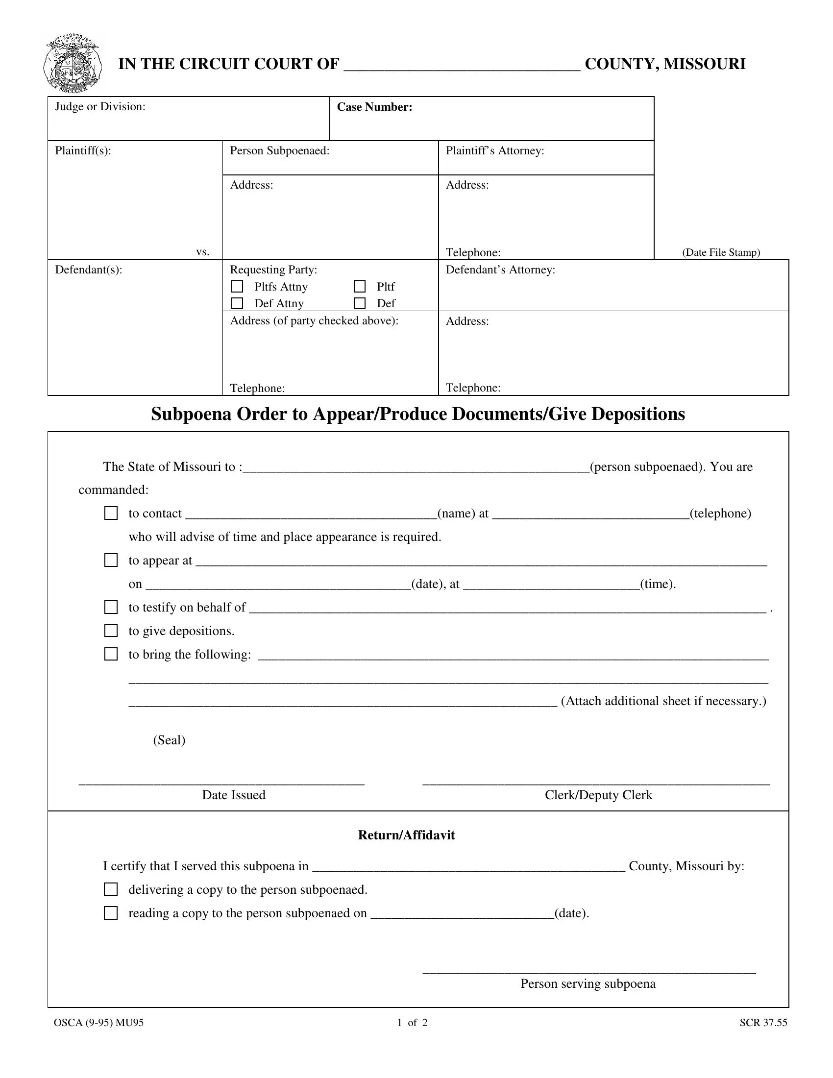 Mo Subpoena Form ≡ Fill Out Printable PDF Forms Online