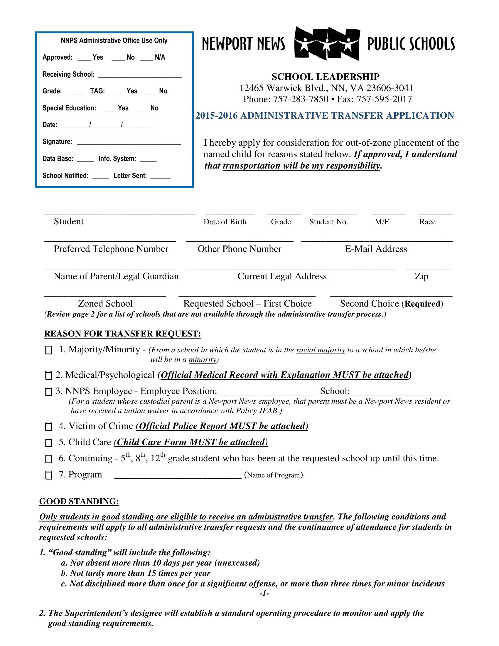 Nnps Transfer Application Form ≡ Fill Out Printable PDF Forms Online