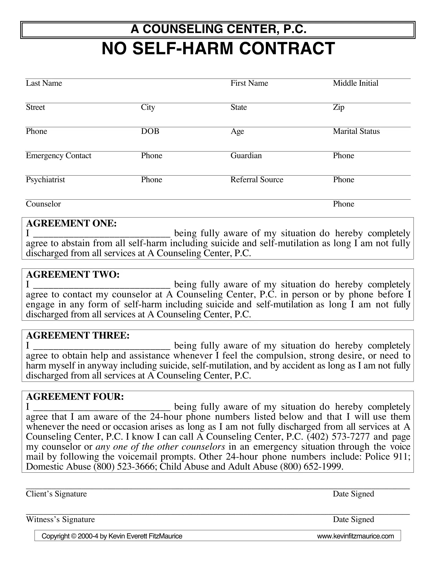 No Self Harm Contract Form ≡ Fill Out Printable PDF Forms Online