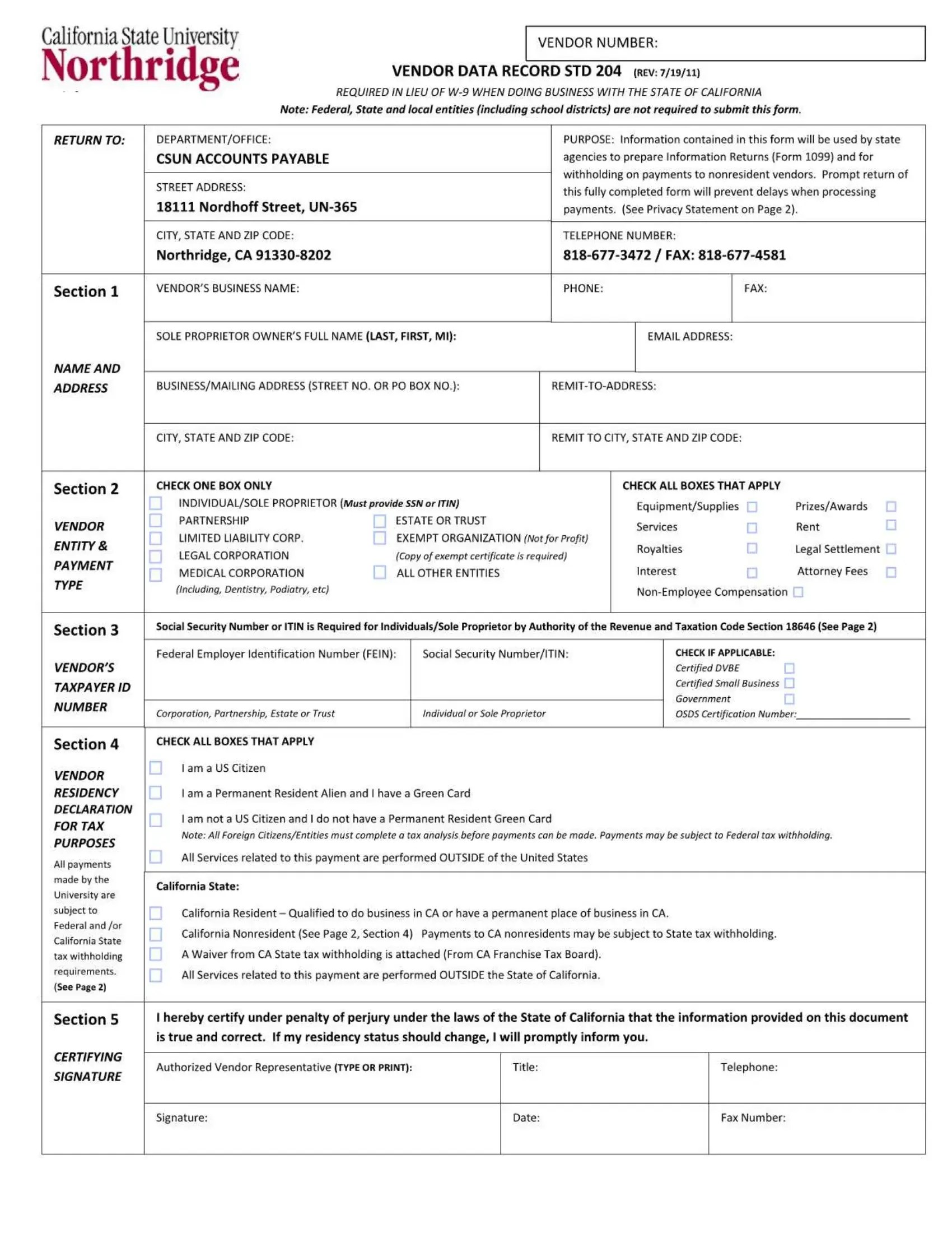 Northridge Form Std 204 ≡ Fill Out Printable PDF Forms Online