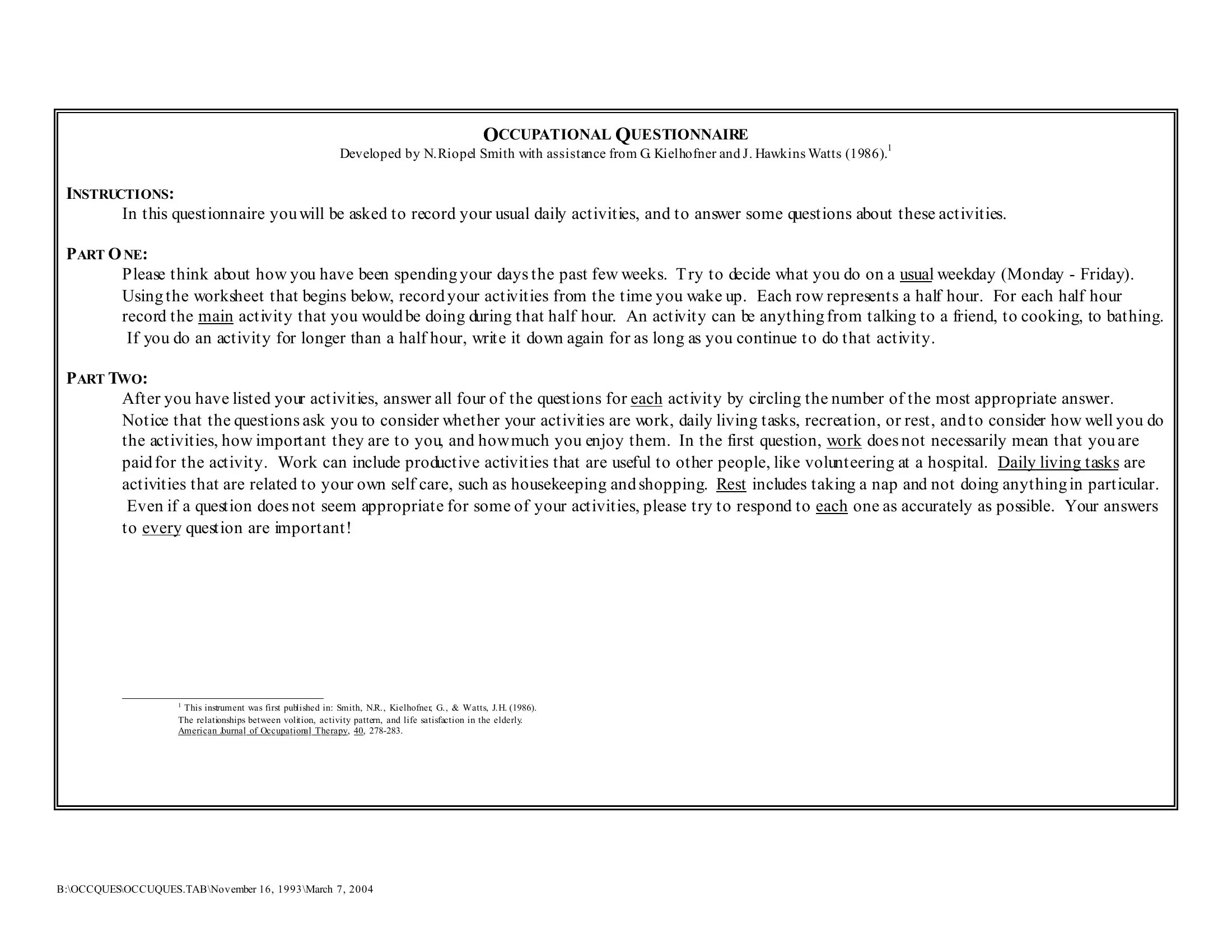 Occupational Questionnaire PDF Form FormsPal