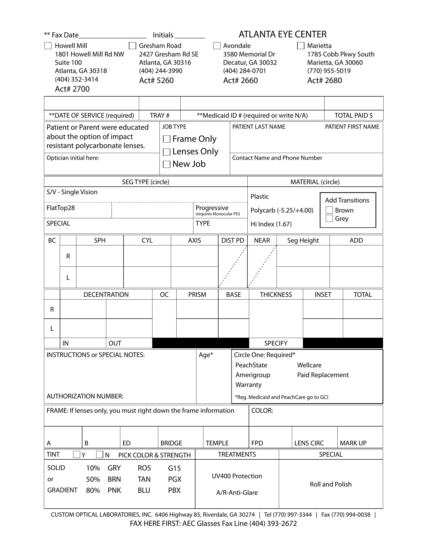 Optical Lab Order Form ≡ Fill Out Printable PDF Forms Online