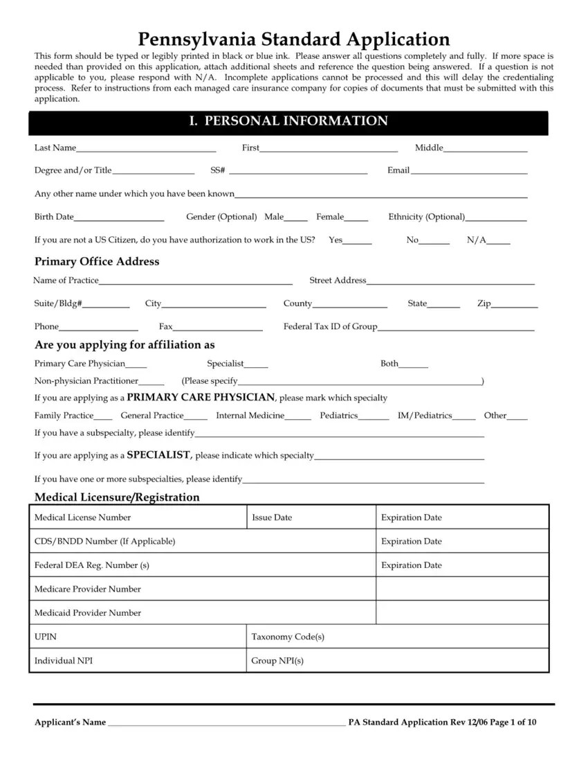 Pennsylvania Standard Application PDF Form FormsPal