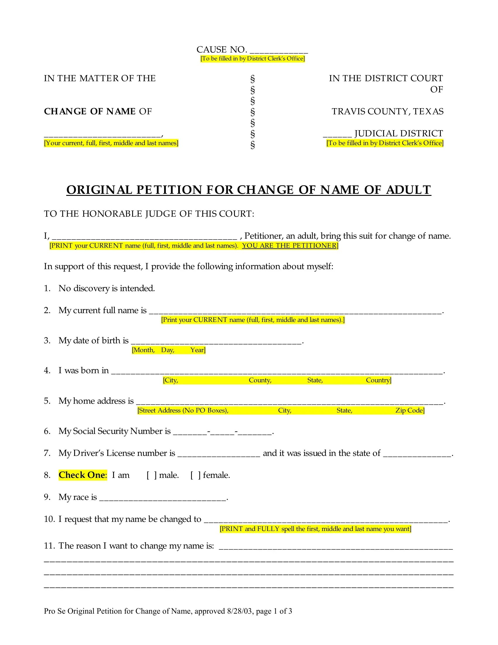 Petition For Name Change Form ≡ Fill Out Printable PDF Forms Online