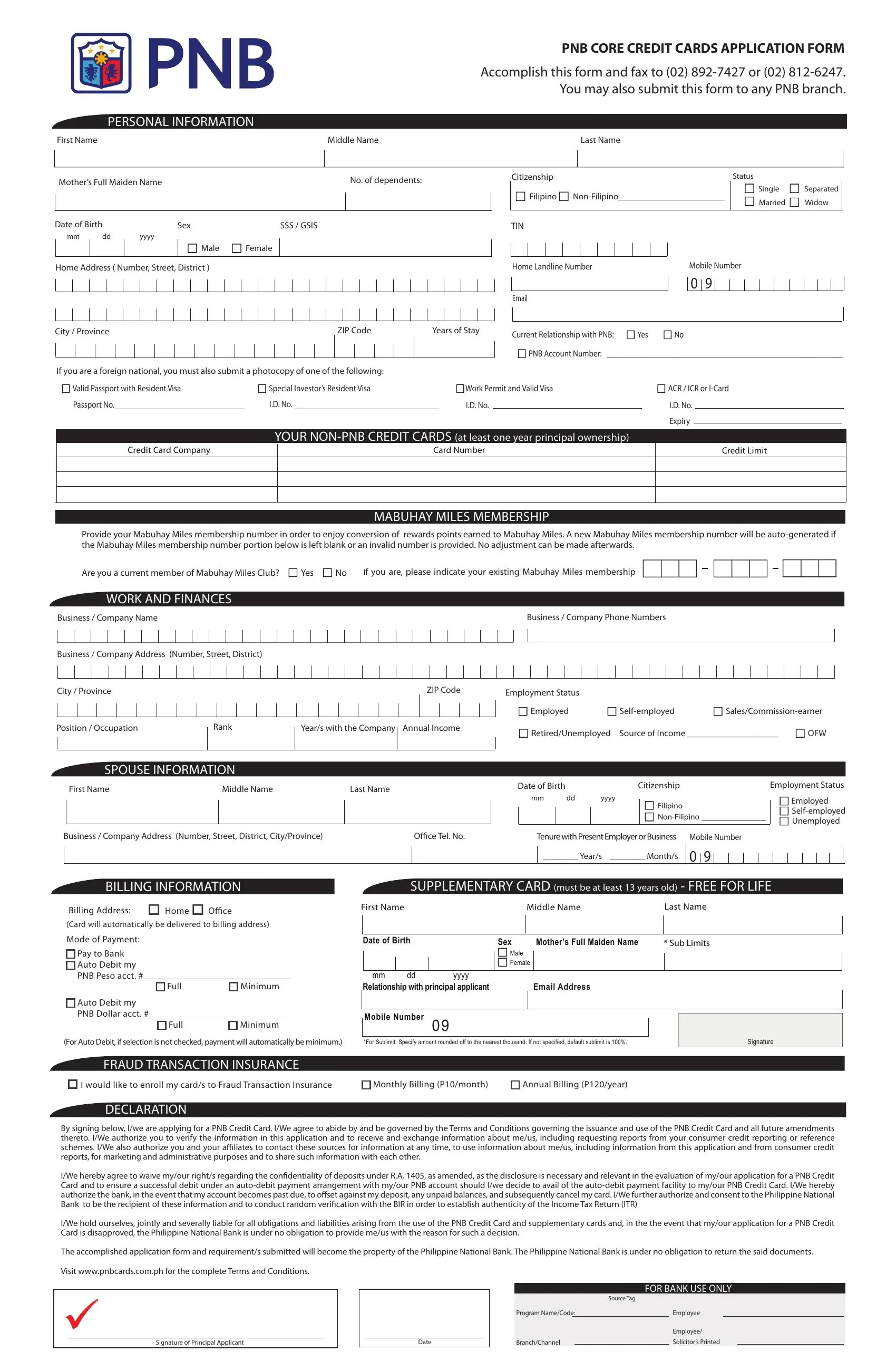 Pnb Core Credit Card Application PDF Form FormsPal