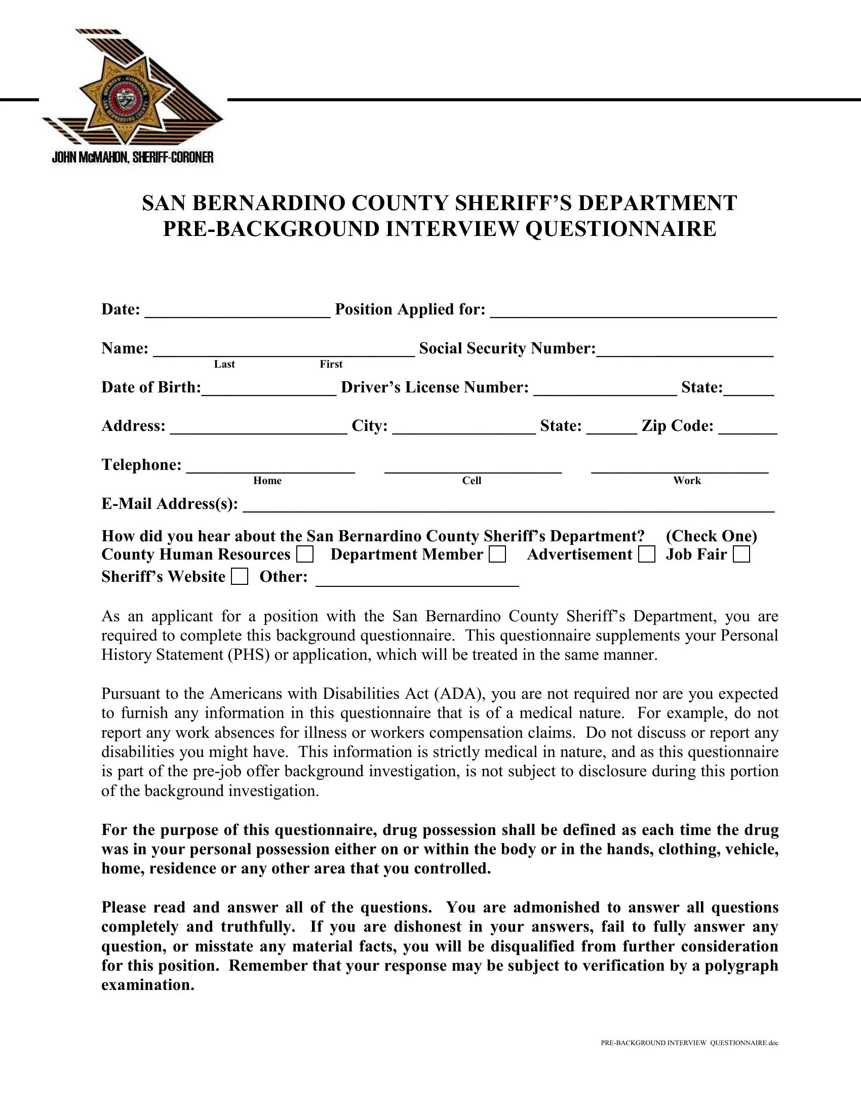 Pre Background Questionnaire PDF Form FormsPal