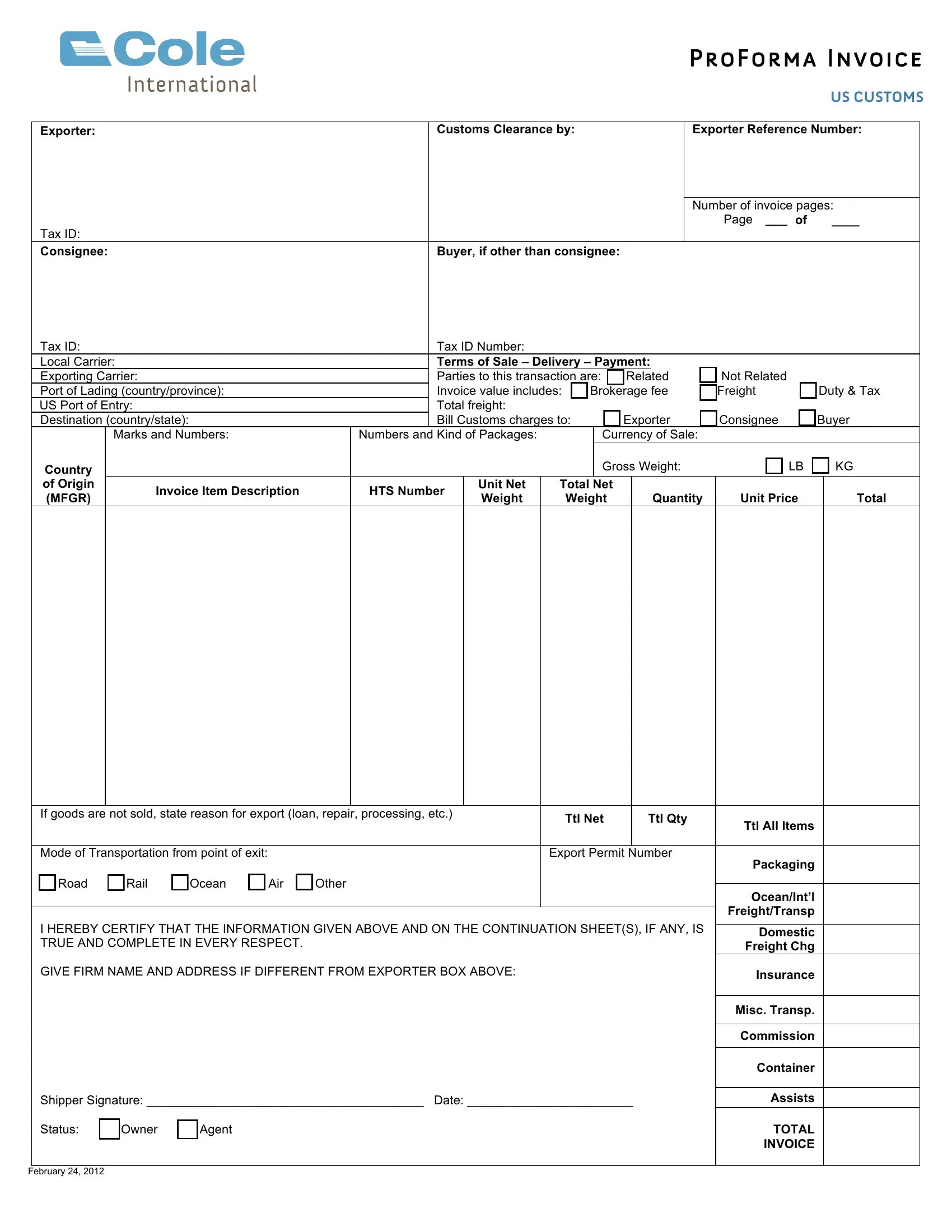 Proforma Invoice Form ≡ Fill Out Printable PDF Forms Online