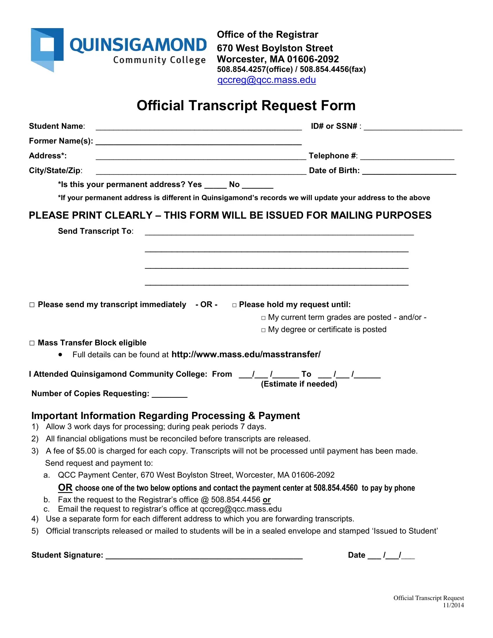 Quinsigamond Community College Transcript Request PDF Form FormsPal
