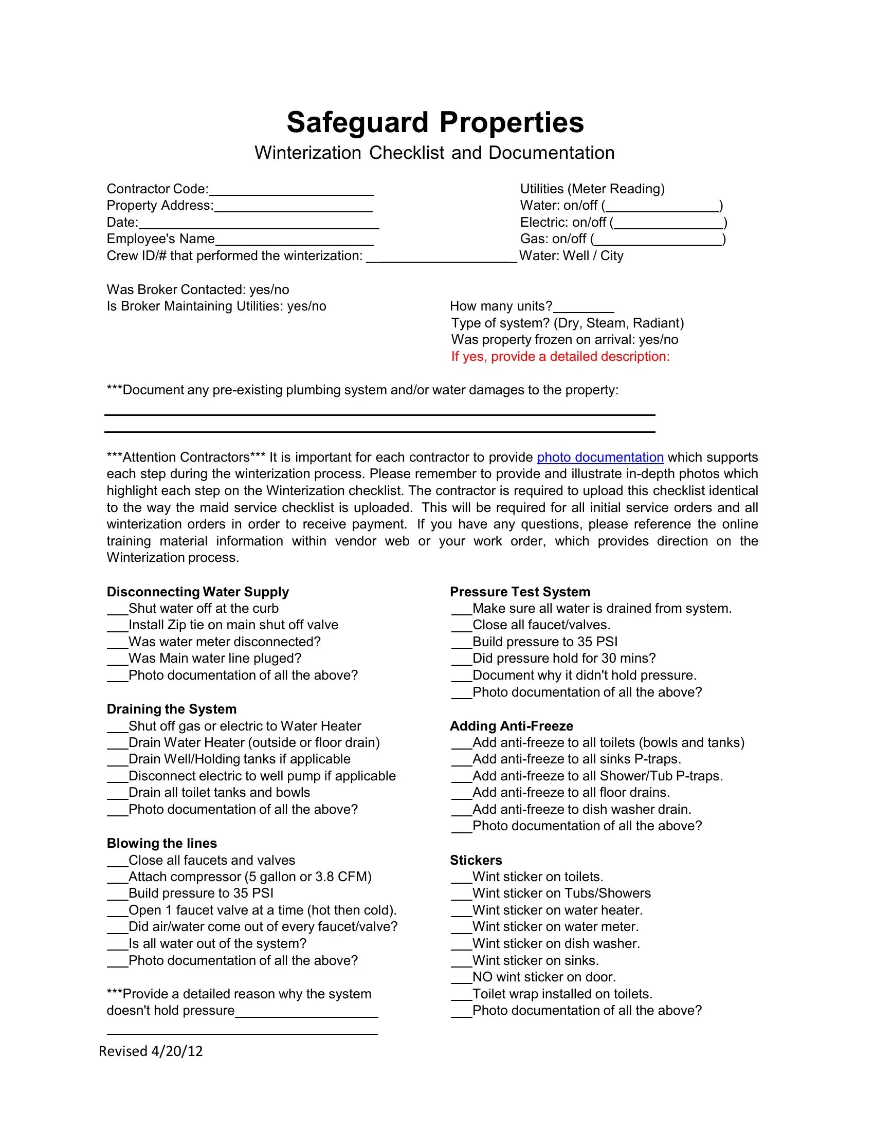 Safeguard Winterization Checklist PDF Form FormsPal