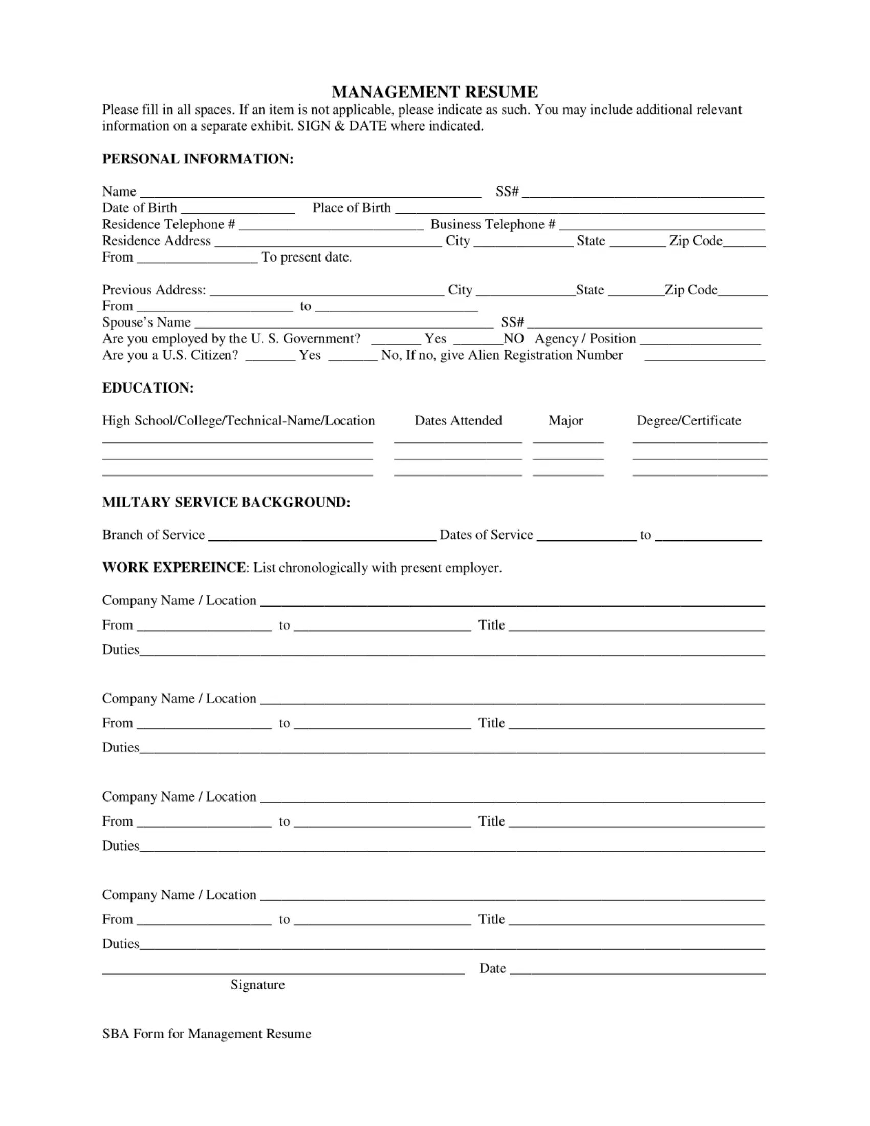 Sba Form Resume ≡ Fill Out Printable PDF Forms Online