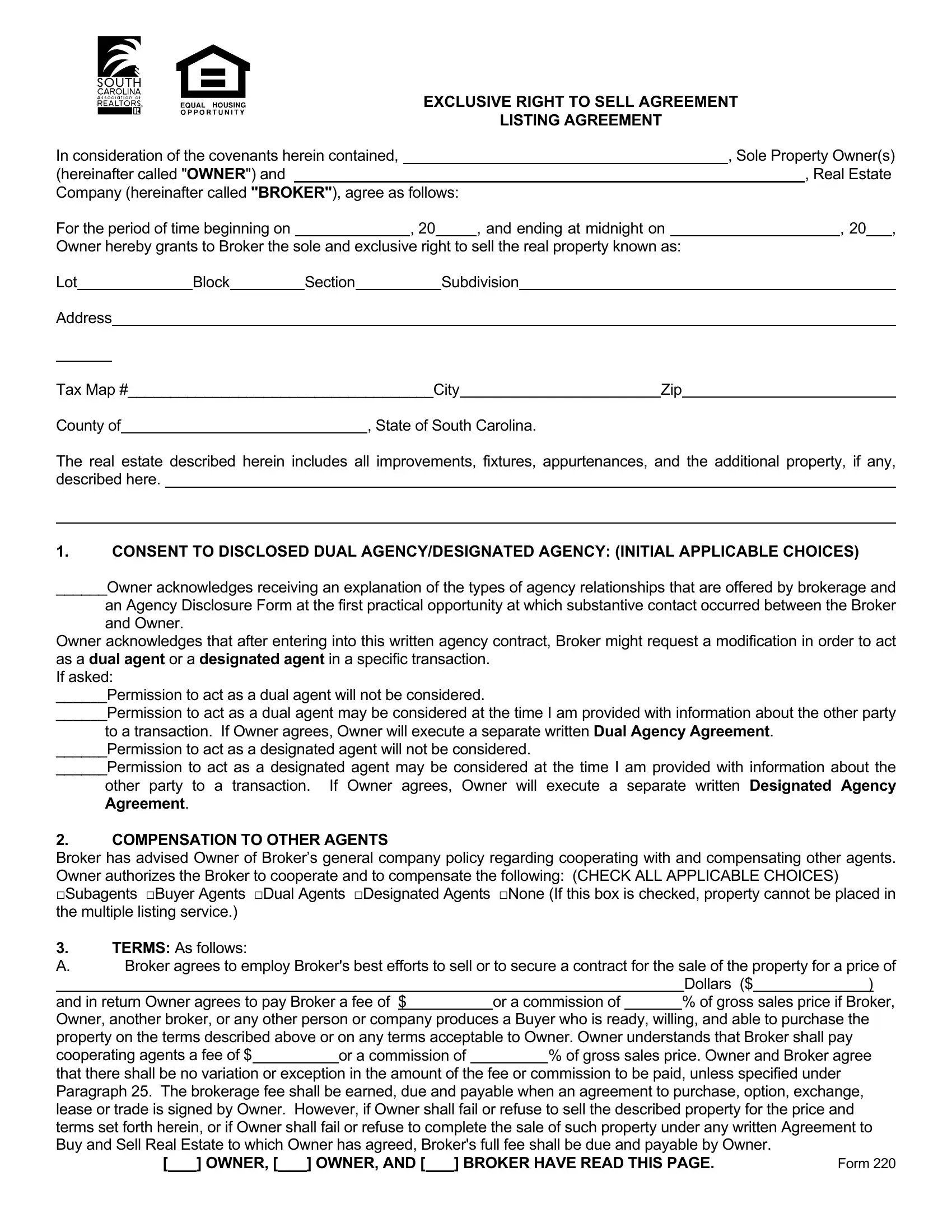 SC Real Estate Listing Agreement Form ≡ Fill Out Printable PDF Forms Online