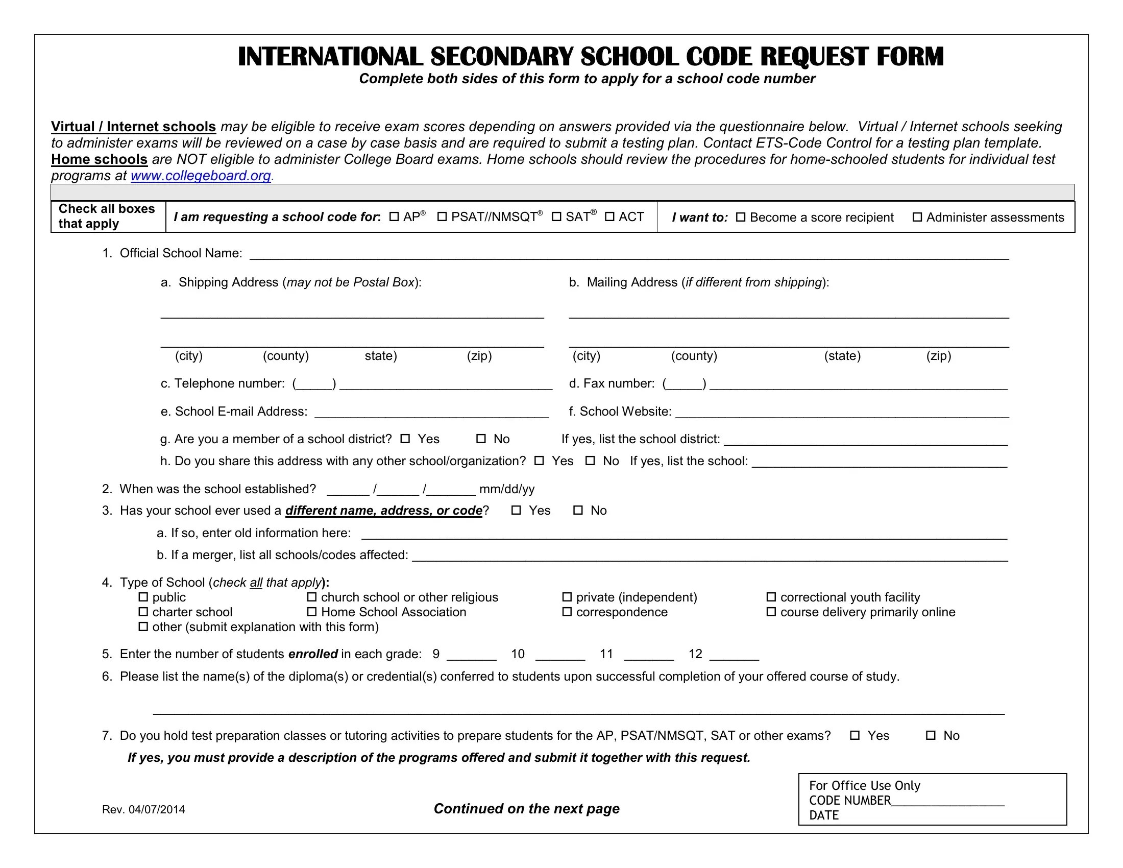 School Code Form ≡ Fill Out Printable PDF Forms Online