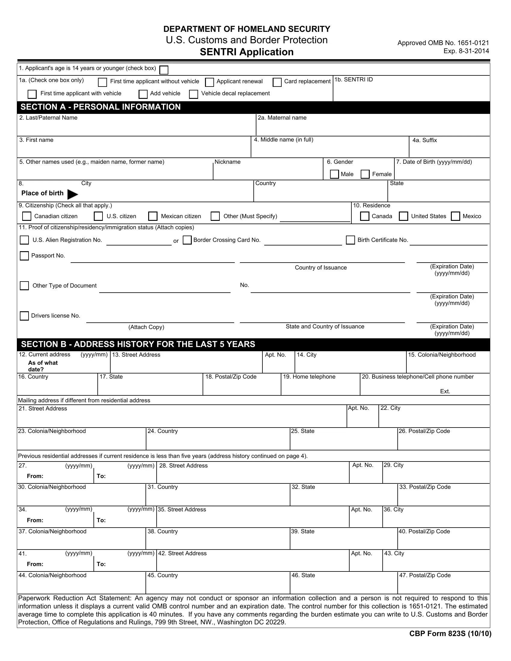 Sentri Application Form ≡ Fill Out Printable PDF Forms Online