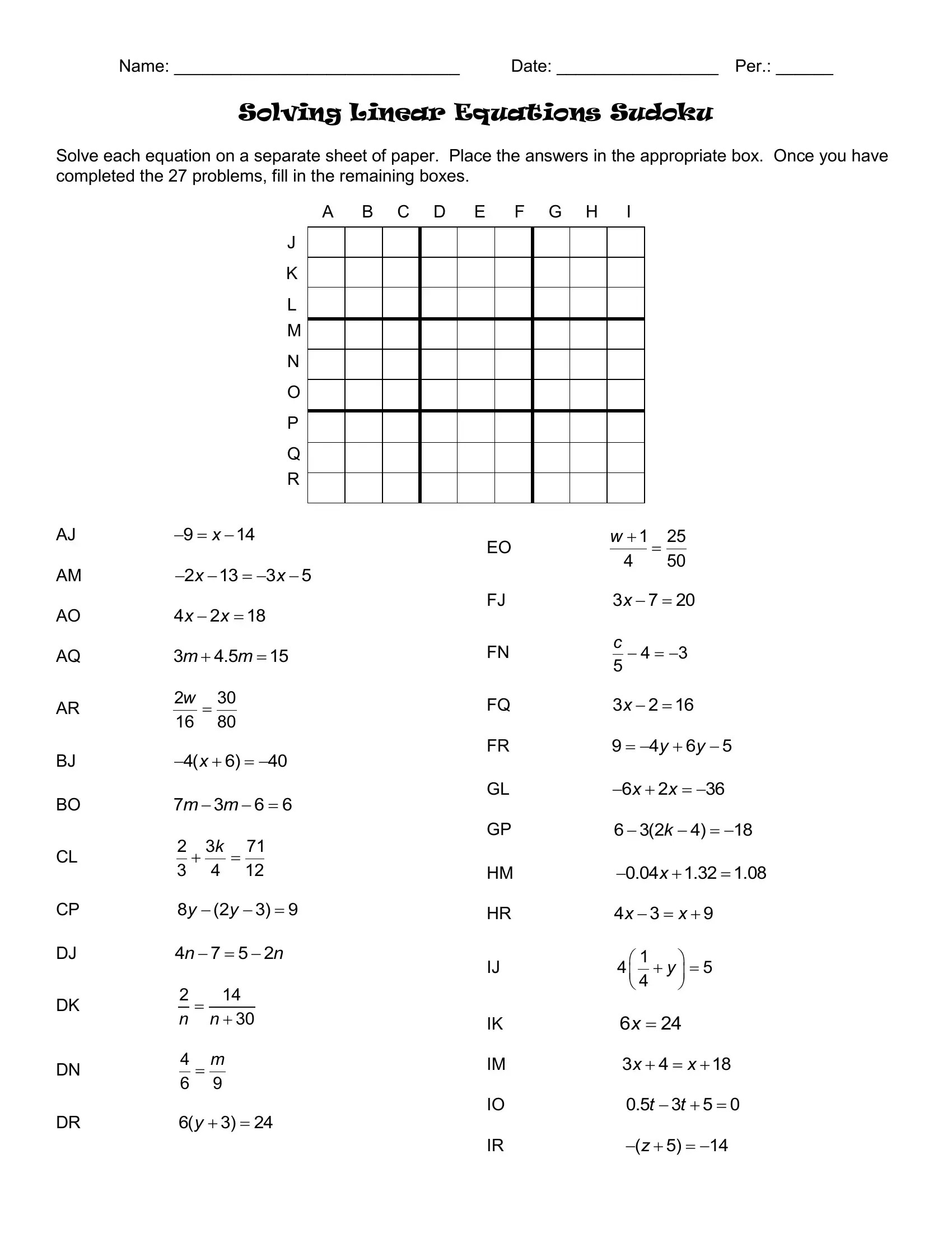 Solving Linear Equations Sudoku PDF Form FormsPal