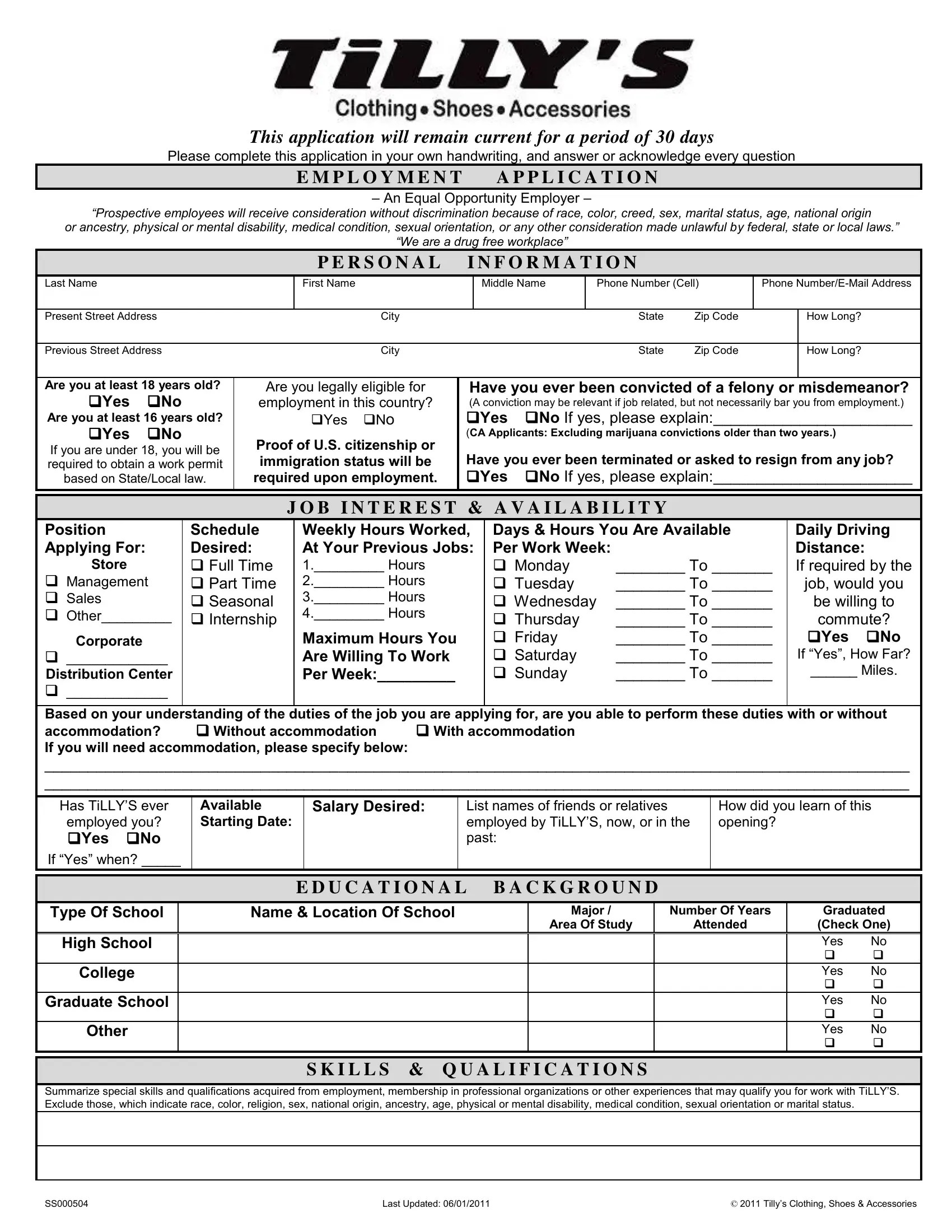 Tillys Job Application Form ≡ Fill Out Printable PDF Forms Online