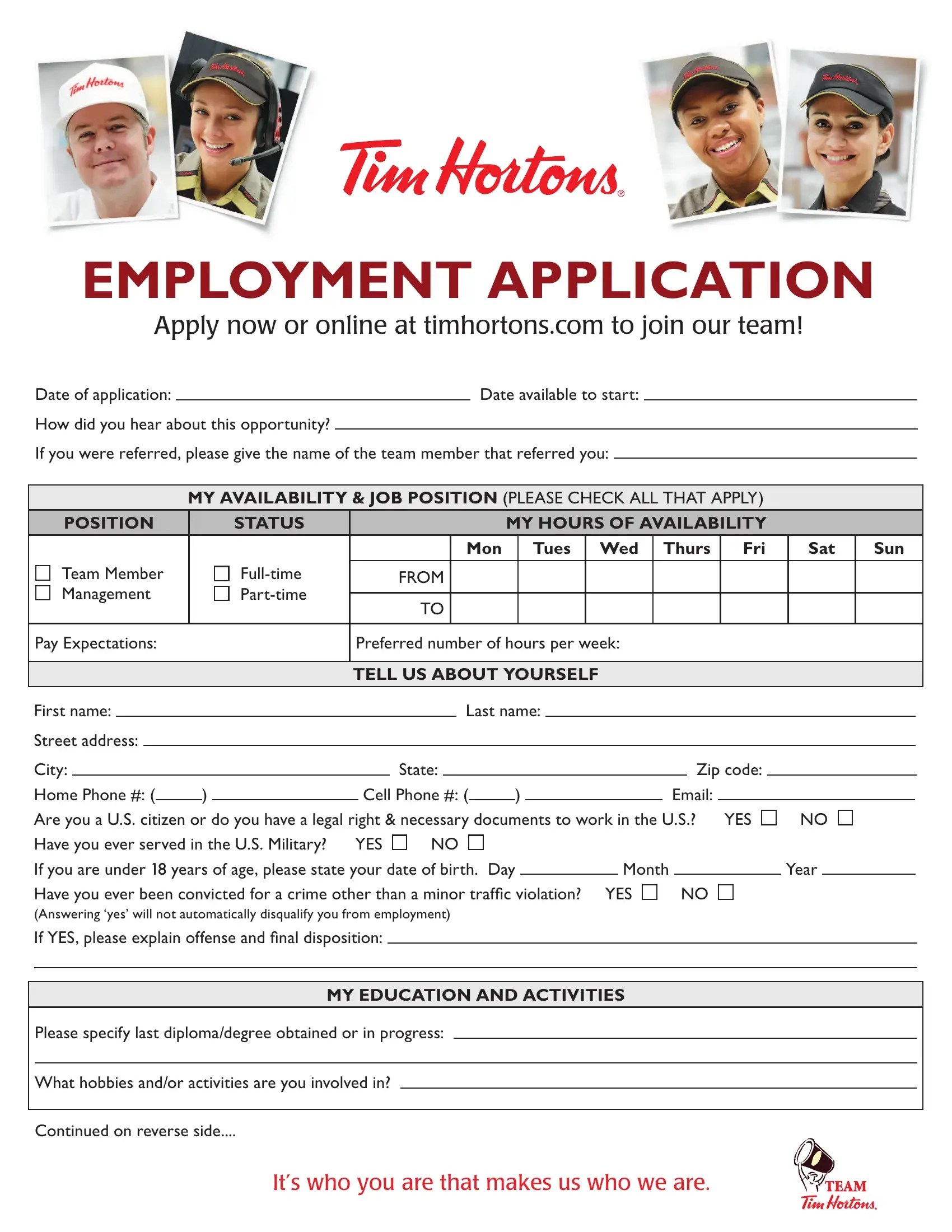 Tim Hortons Application Form ≡ Fill Out Printable PDF Forms Online