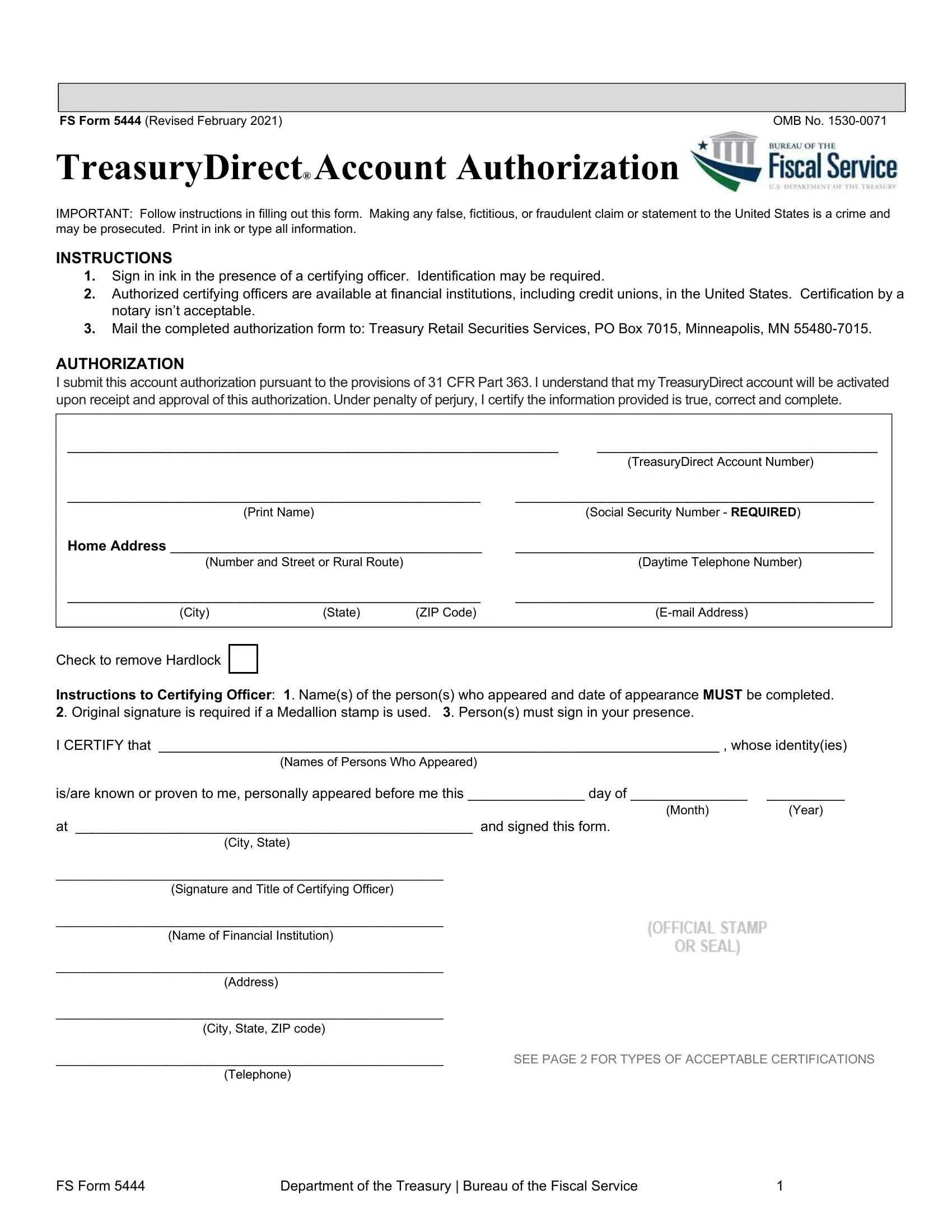 Treasury Direct Account Authorization PDF Form FormsPal