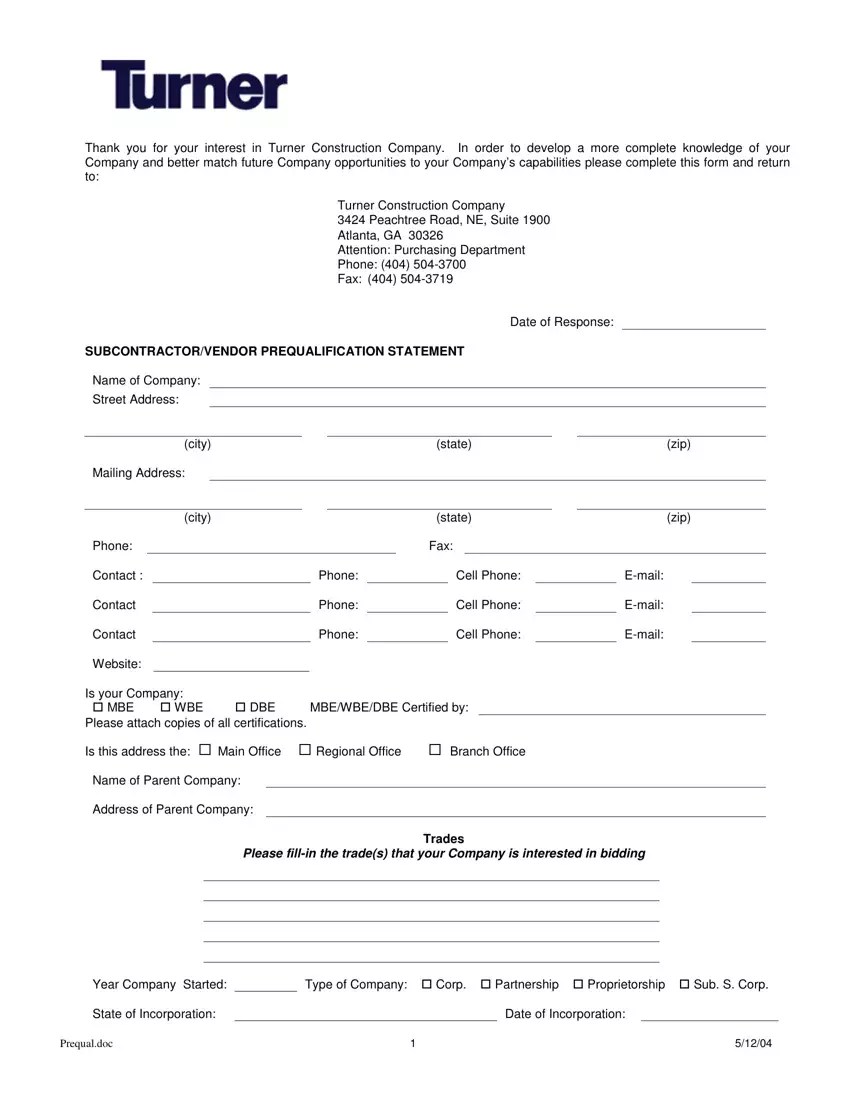 Turner Prequalification Statement PDF Form FormsPal