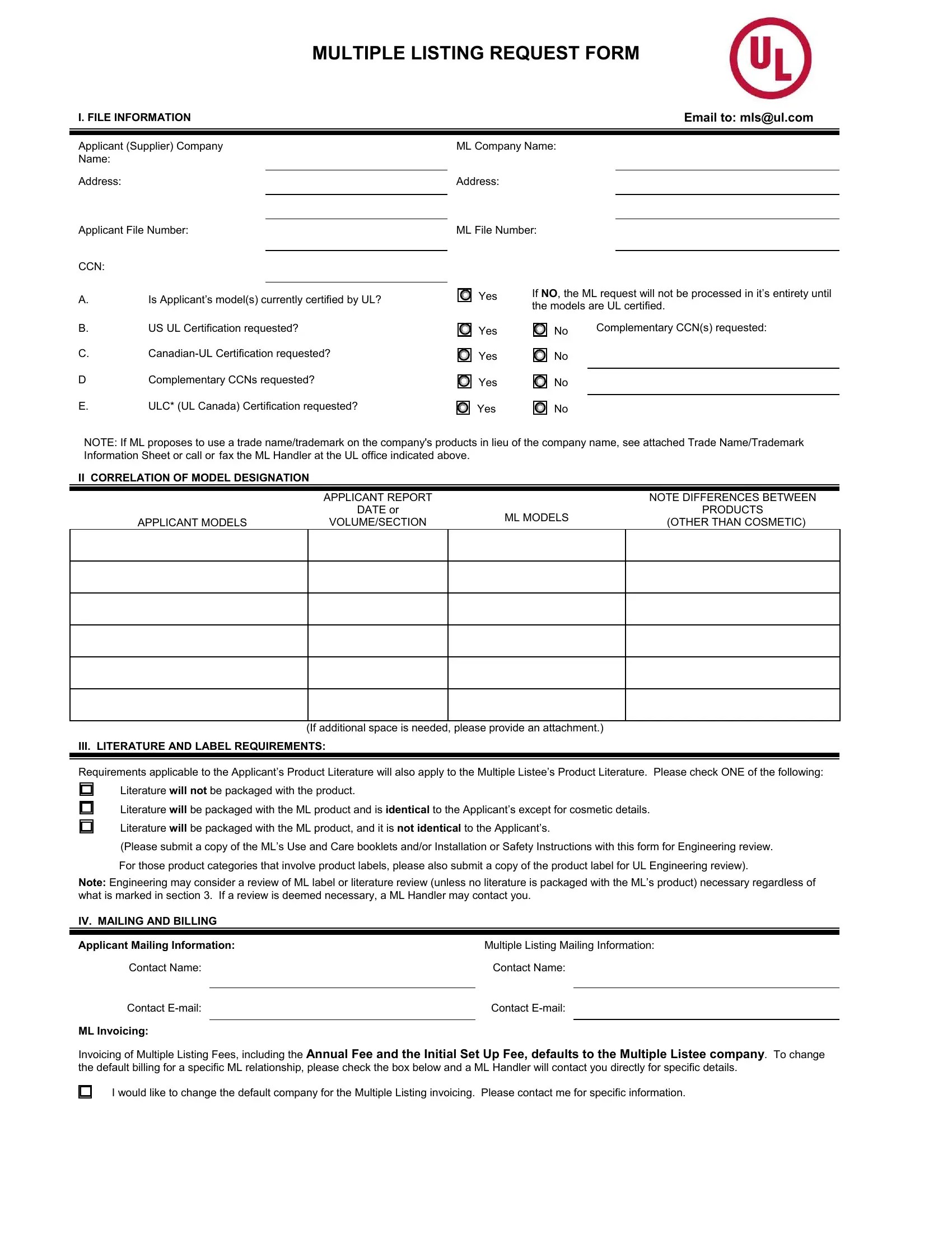 UL Multiple Listing Request PDF Form FormsPal