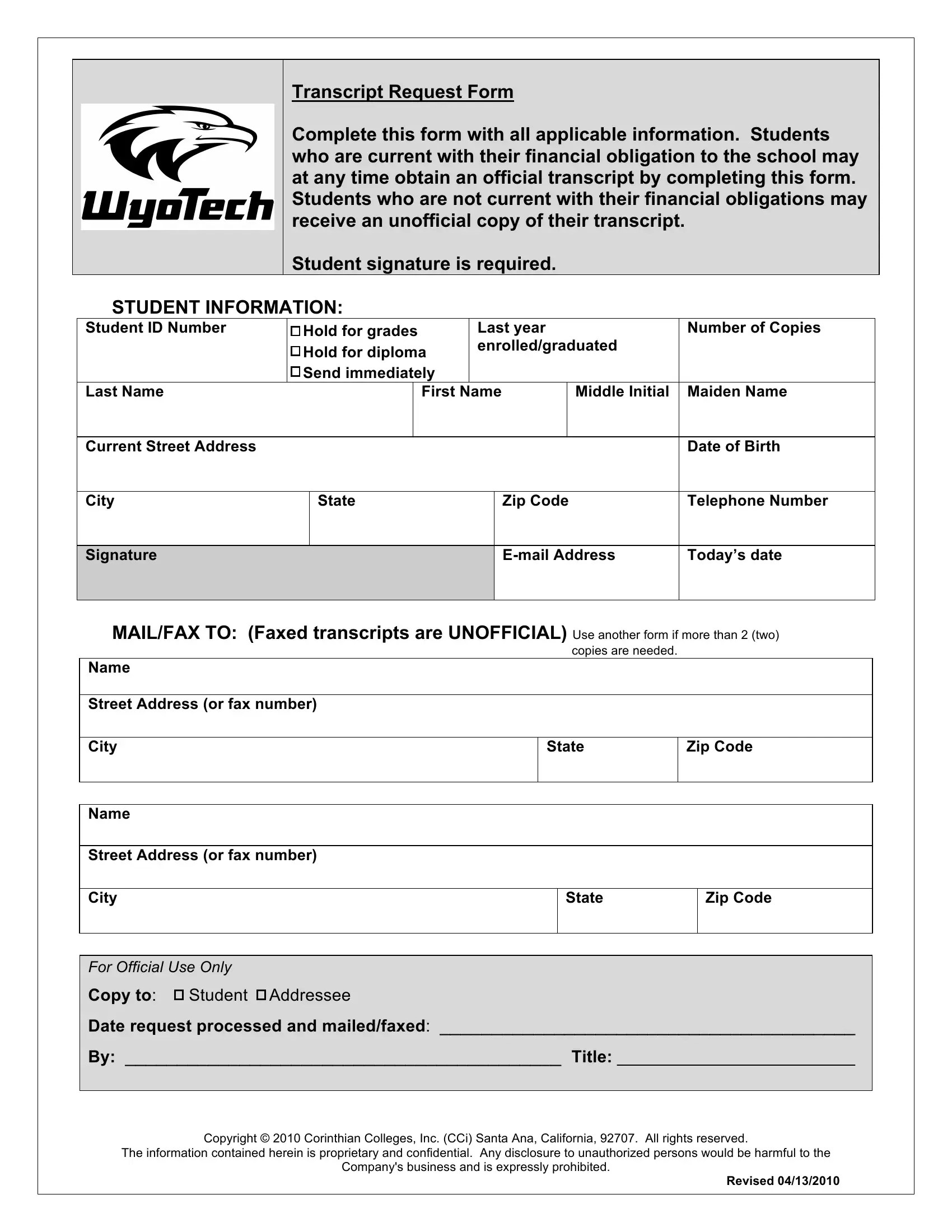 Wyotech Transcript Form ≡ Fill Out Printable PDF Forms Online