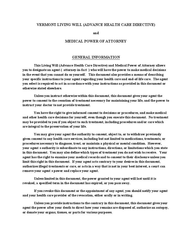 Free Fillable Vermont Living Will Form FormsPal