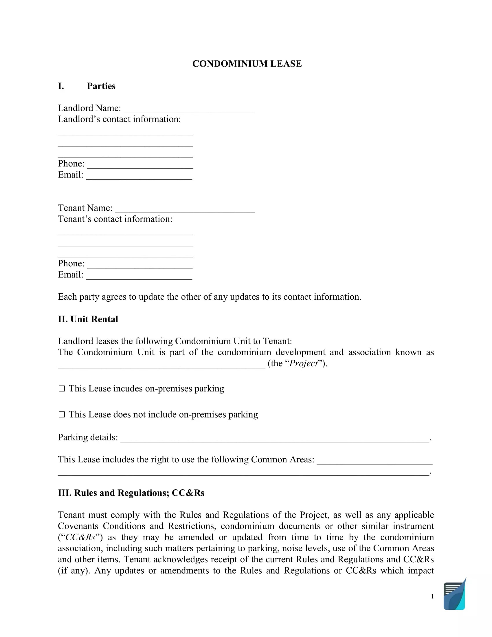 Condo Lease Agreement Template Condominium Lease Contract