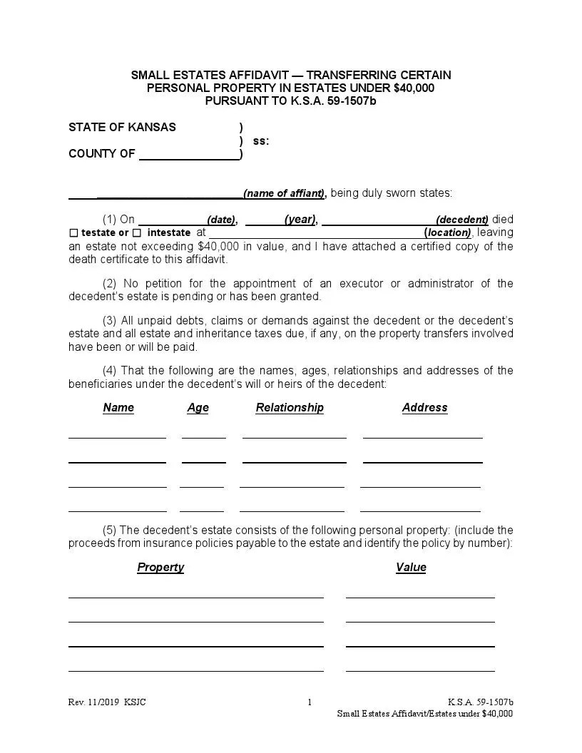 Free Kansas Small Estate Affidavit Form (PDF) FormsPal
