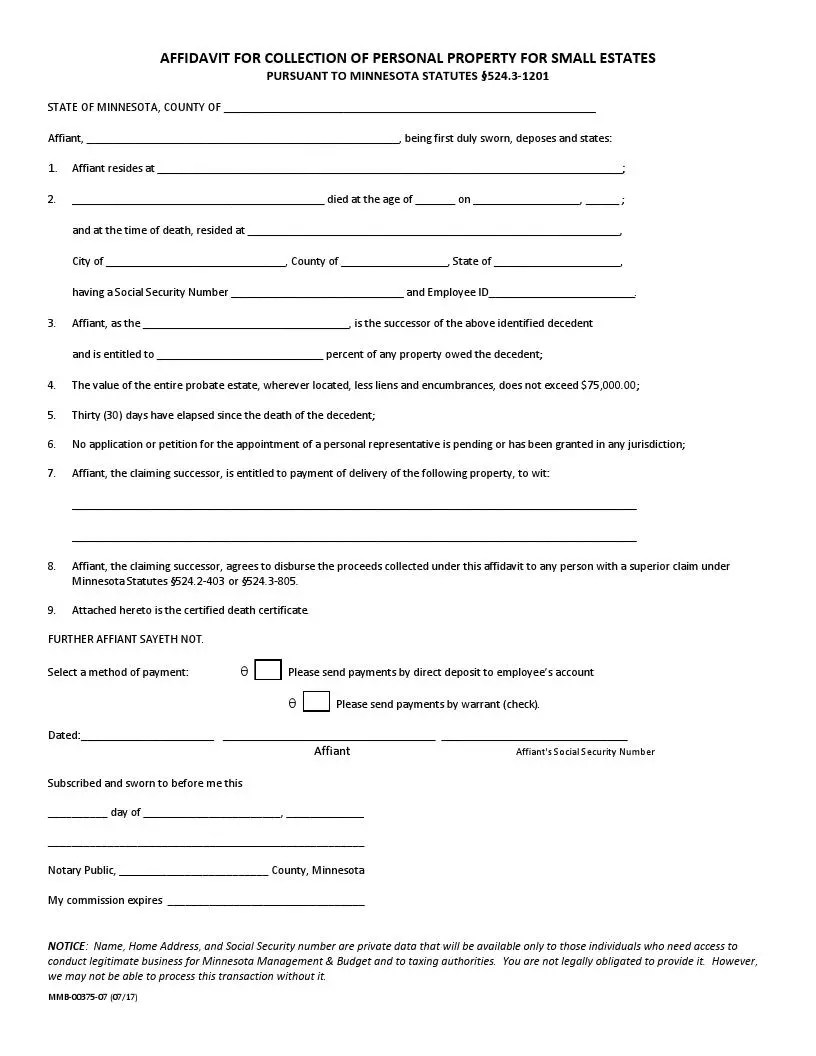 Free Minnesota Small Estate Affidavit Form (PDF) FormsPal
