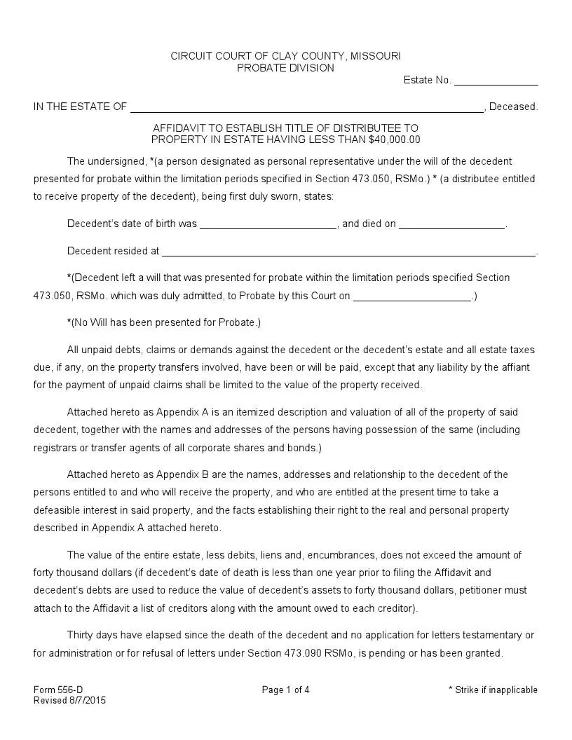 Free Missouri Small Estate Affidavit Form (PDF) FormsPal