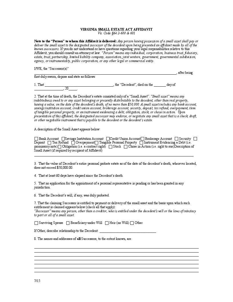 Free Virginia Small Estate Affidavit Form (PDF) FormsPal