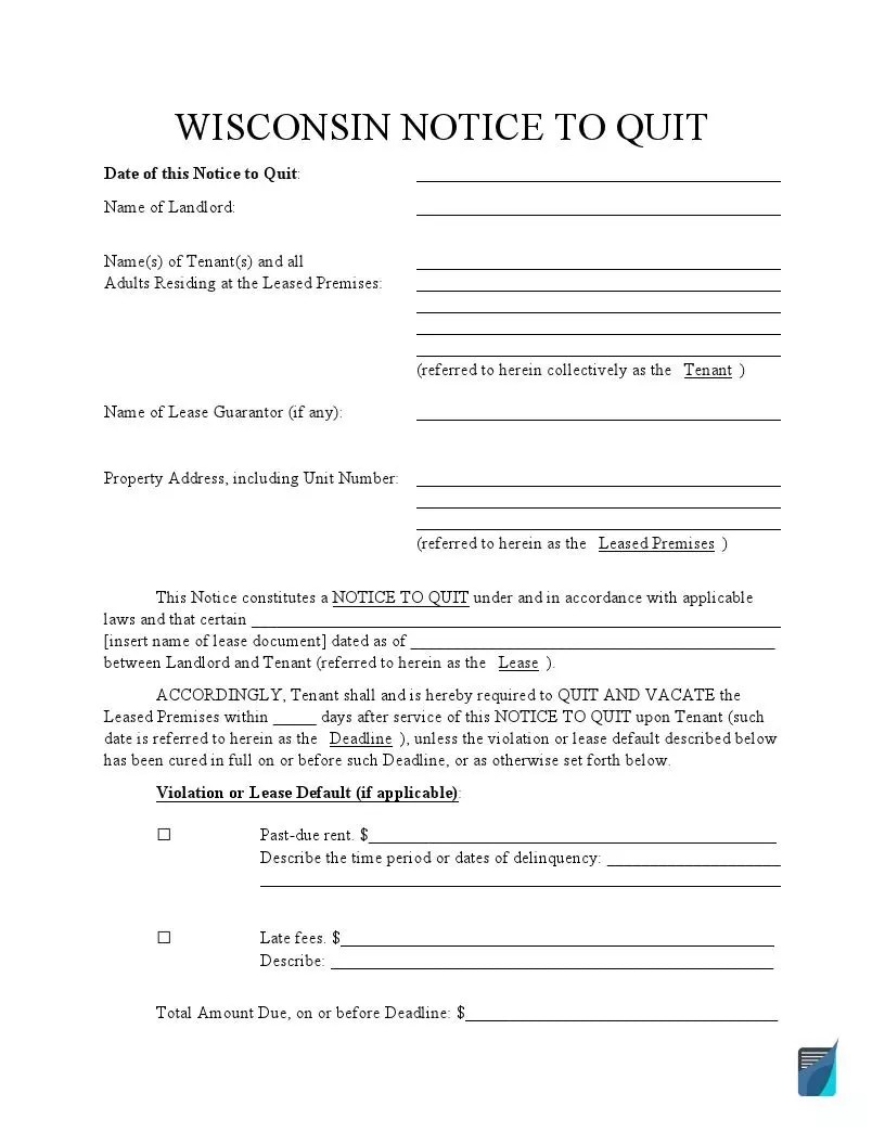 Free Wisconsin Eviction Notice Forms WI Notice to Quit FormsPal