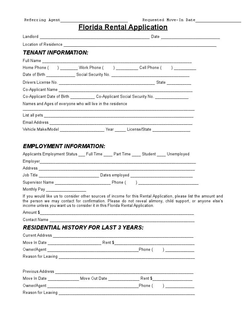 Free Florida Rental Application Template FormsPal
