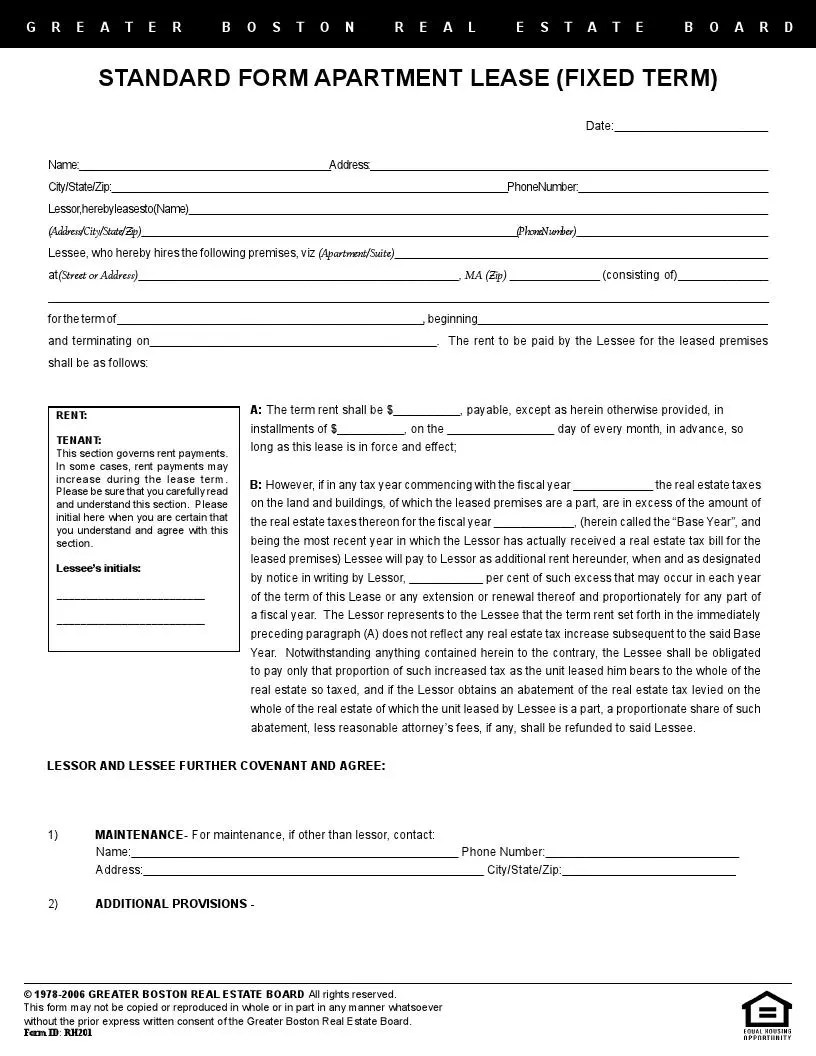 Free Greater Boston Residential Agreement Form FormsPal
