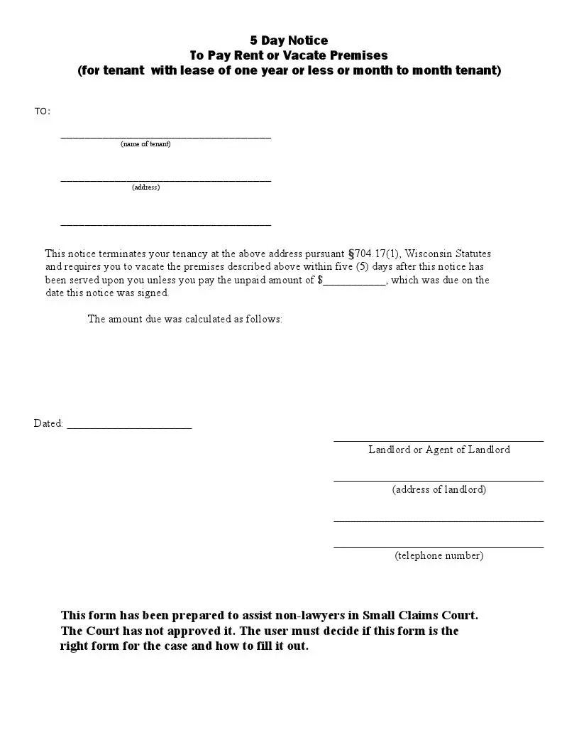 Free Wisconsin 5day Eviction Notice Form (Pay or Quit) FormsPal