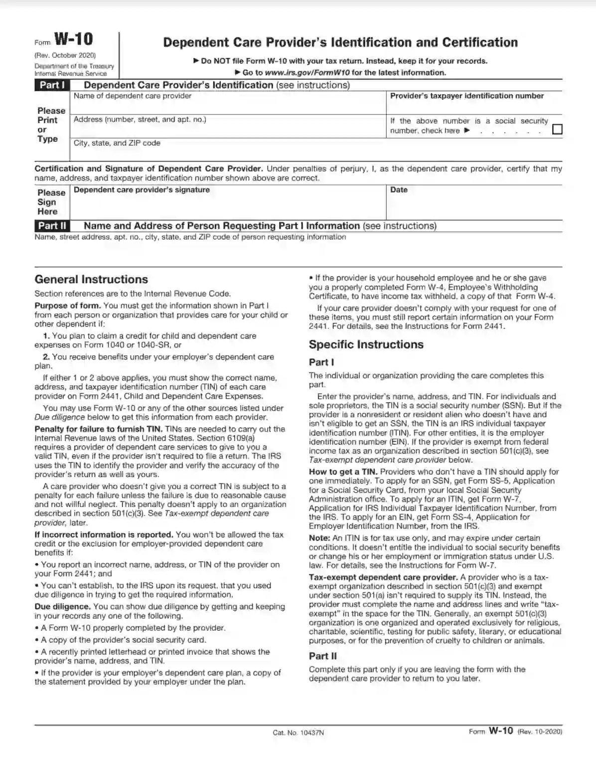 IRS Form W-10 ≡ Fill Out Printable PDF Forms Online