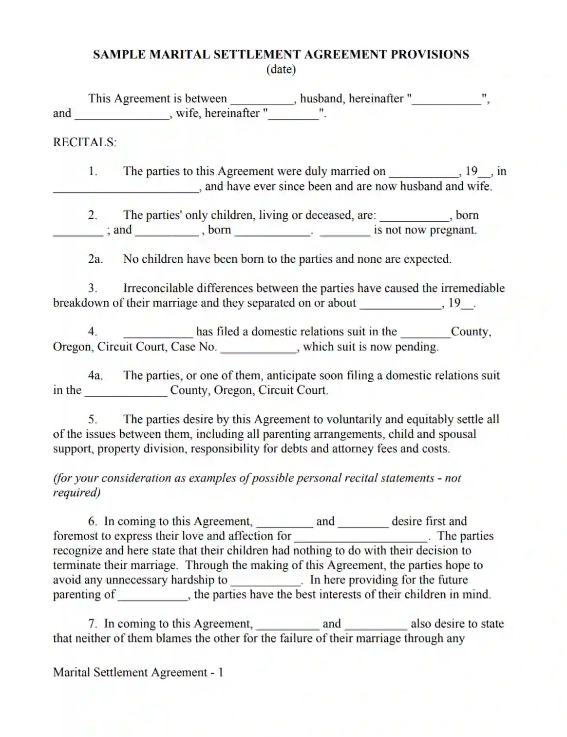 Oregon Divorce (Marital) Settlement Agreement Form [PDF]