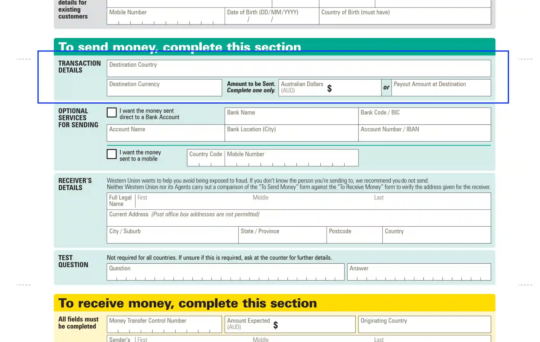 Blank Western Union Money Order Receipt