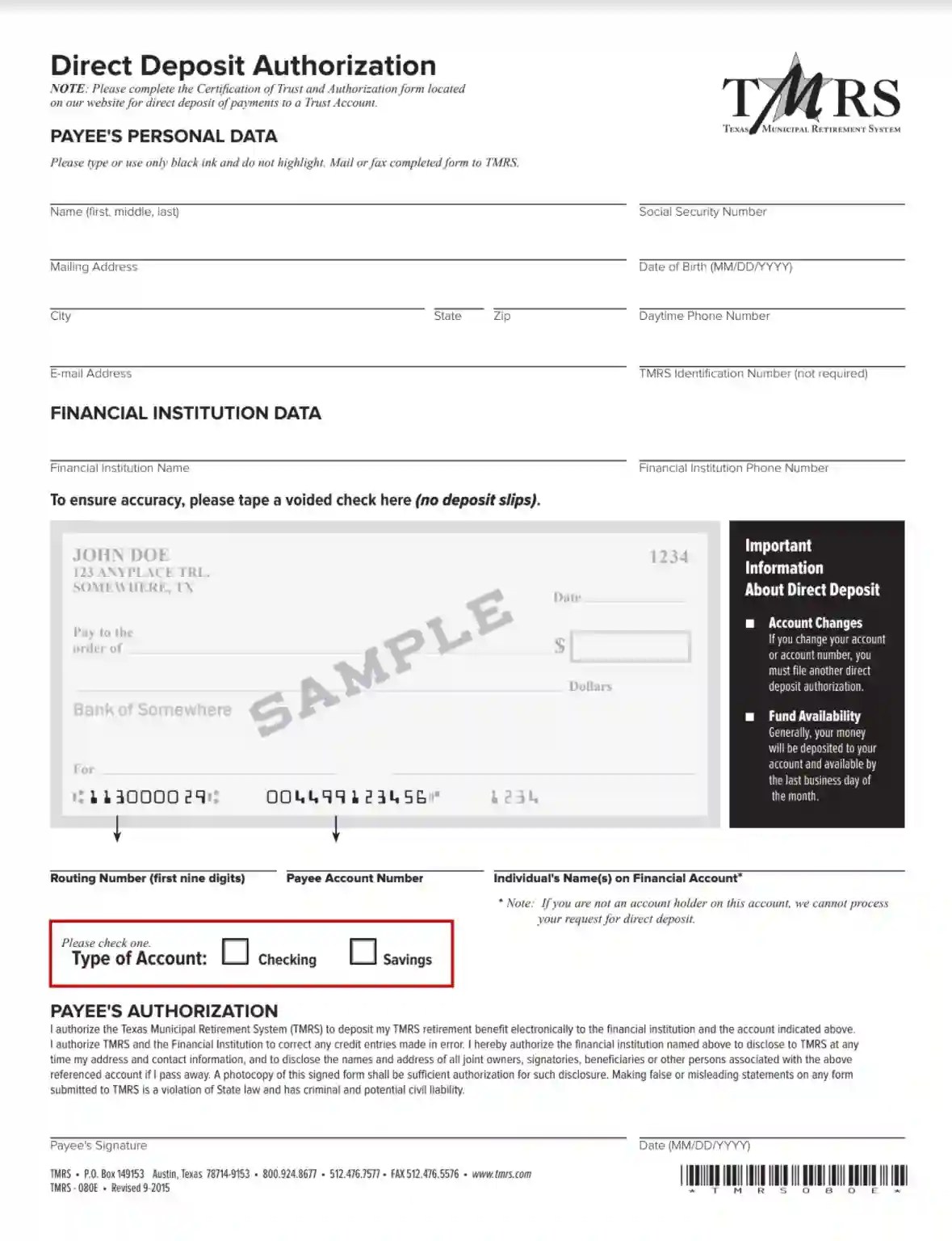 TMRS Direct Deposit Authorization ≡ Fill Out Printable PDF Forms Online