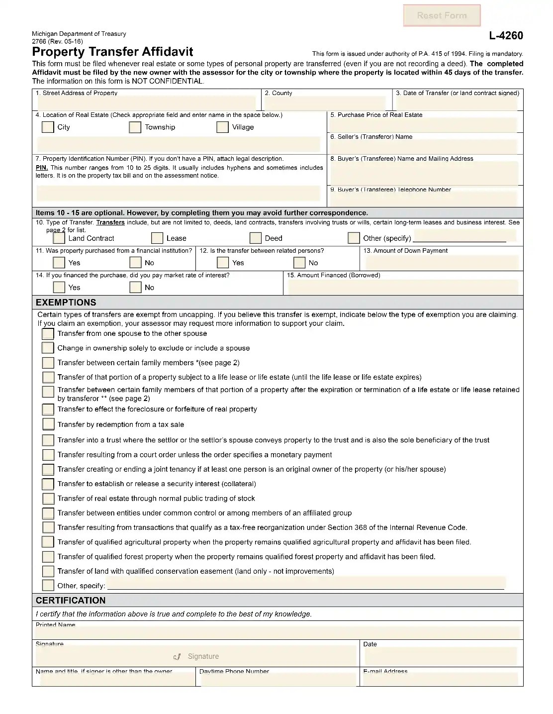 Michigan Property Transfer Affidavit MI PTA Form L4260