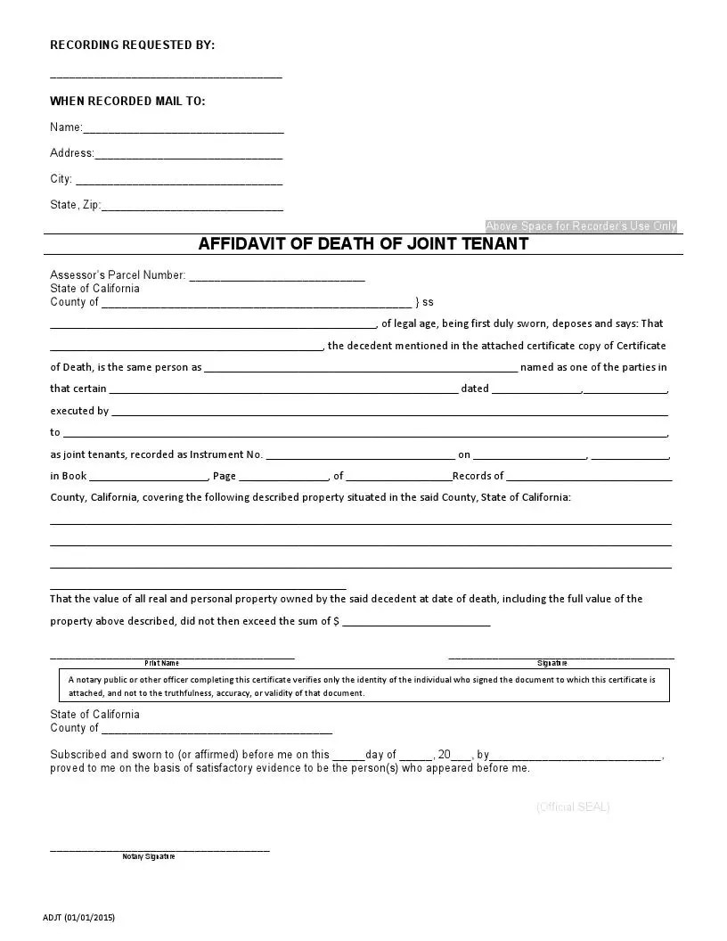 California Affidavit of Death of a Joint Tenant Form [PDF]